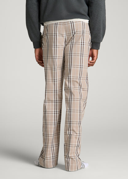 Cotton Poplin Pajama Pants for Tall Men in Taupe Plaid