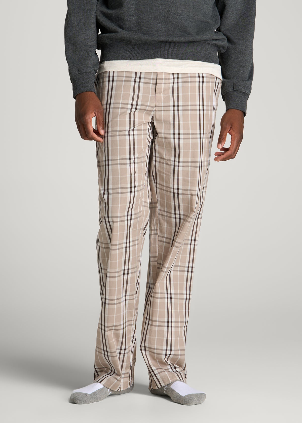 Cotton Poplin Pajama Pants for Tall Men in Taupe Plaid