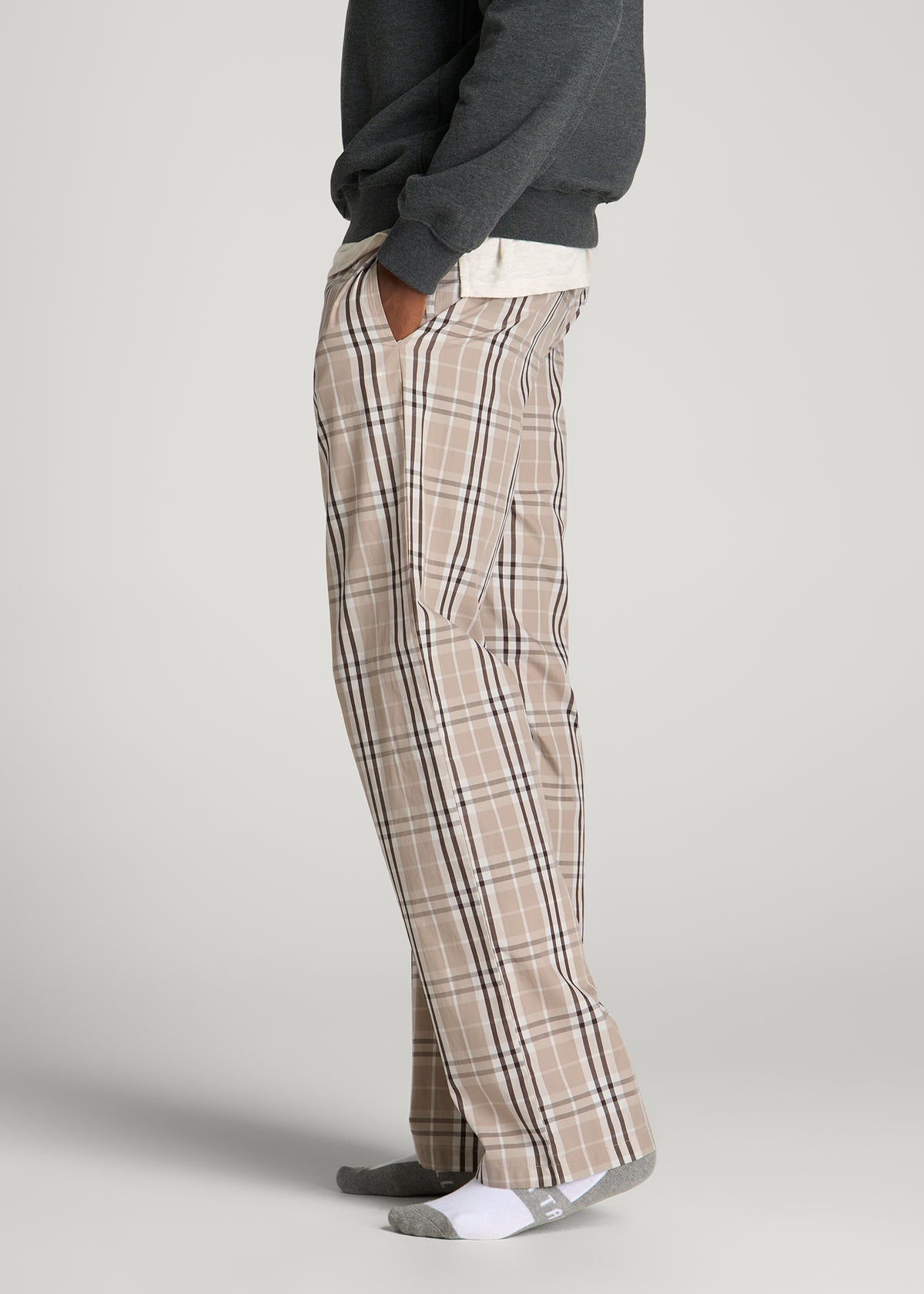 Cotton Poplin Pajama Pants for Tall Men in Taupe Plaid
