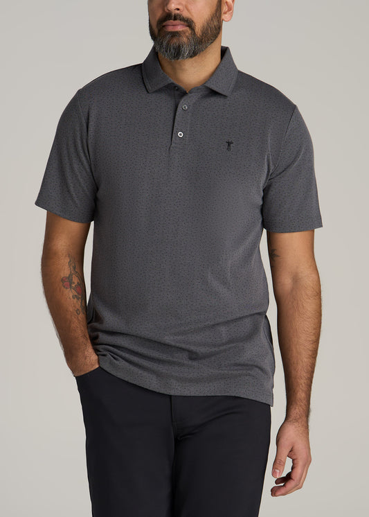 Cotton Stretch Print Polo Shirt for Tall Men in Charcoal Pindot