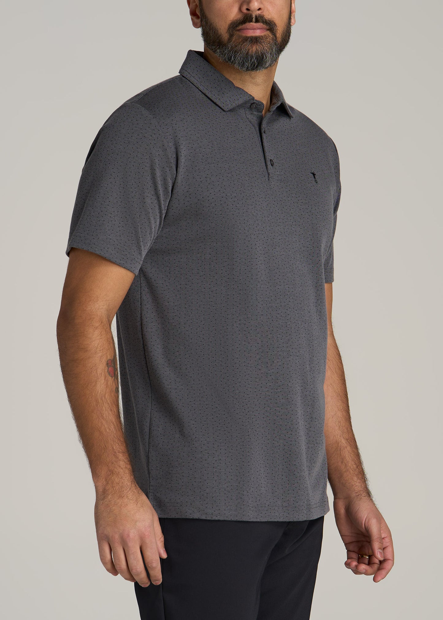 Cotton Stretch Print Polo Shirt for Tall Men in Charcoal Pindot