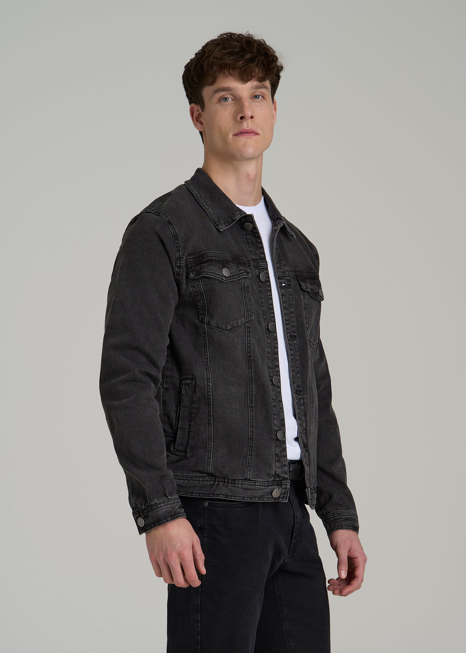 Denim Trucker Jacket for Tall Men in Washed Black