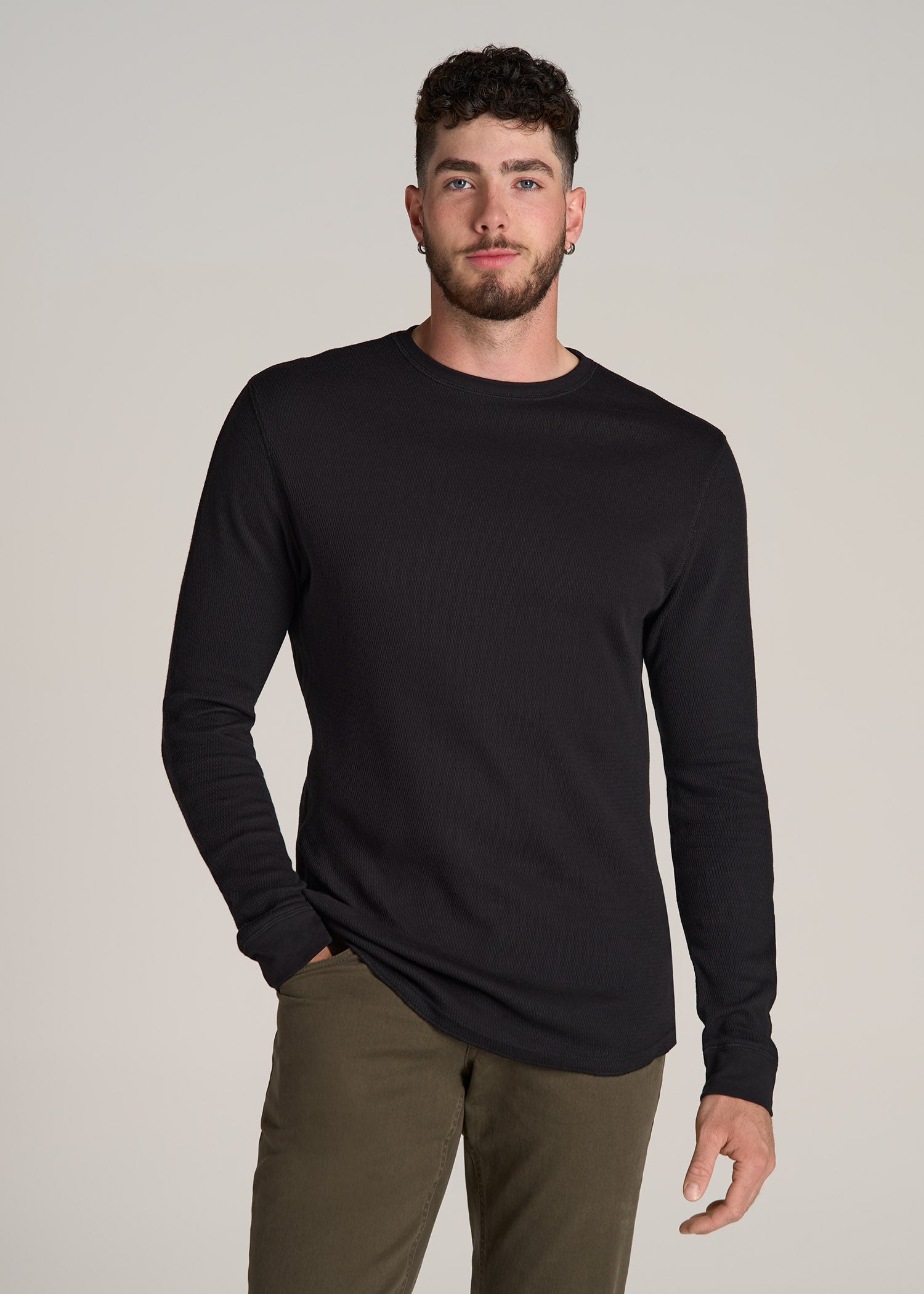 Double Honeycomb Thermal Crewneck for Tall Men in Black