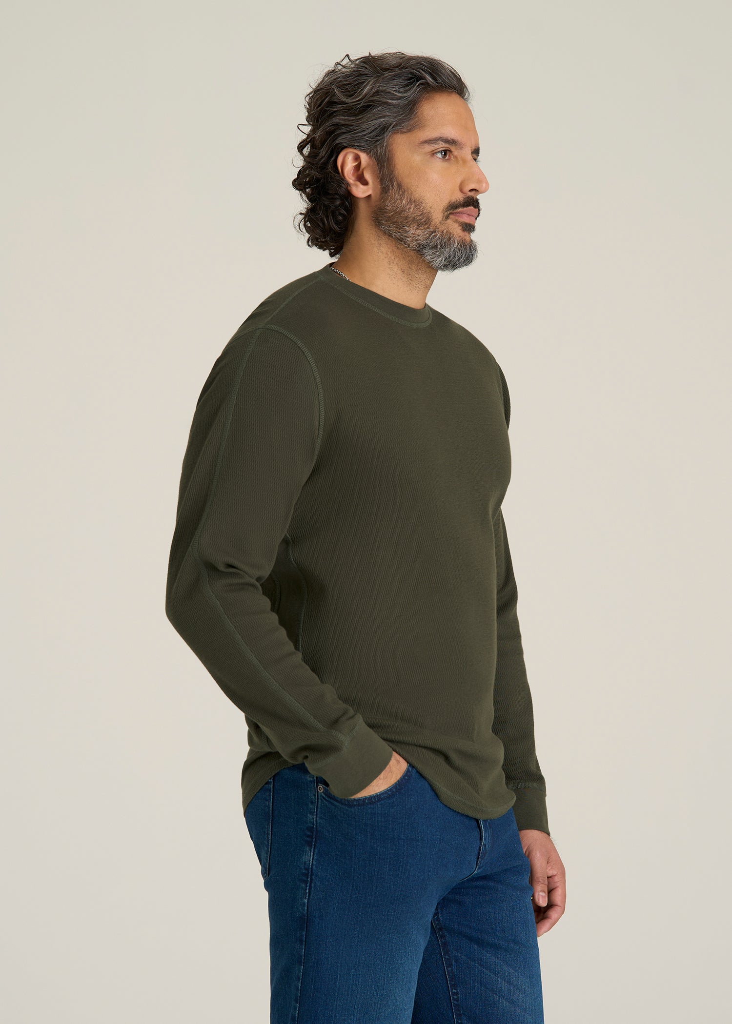 Double Honeycomb Thermal Crewneck for Tall Men in Dark Olive Green