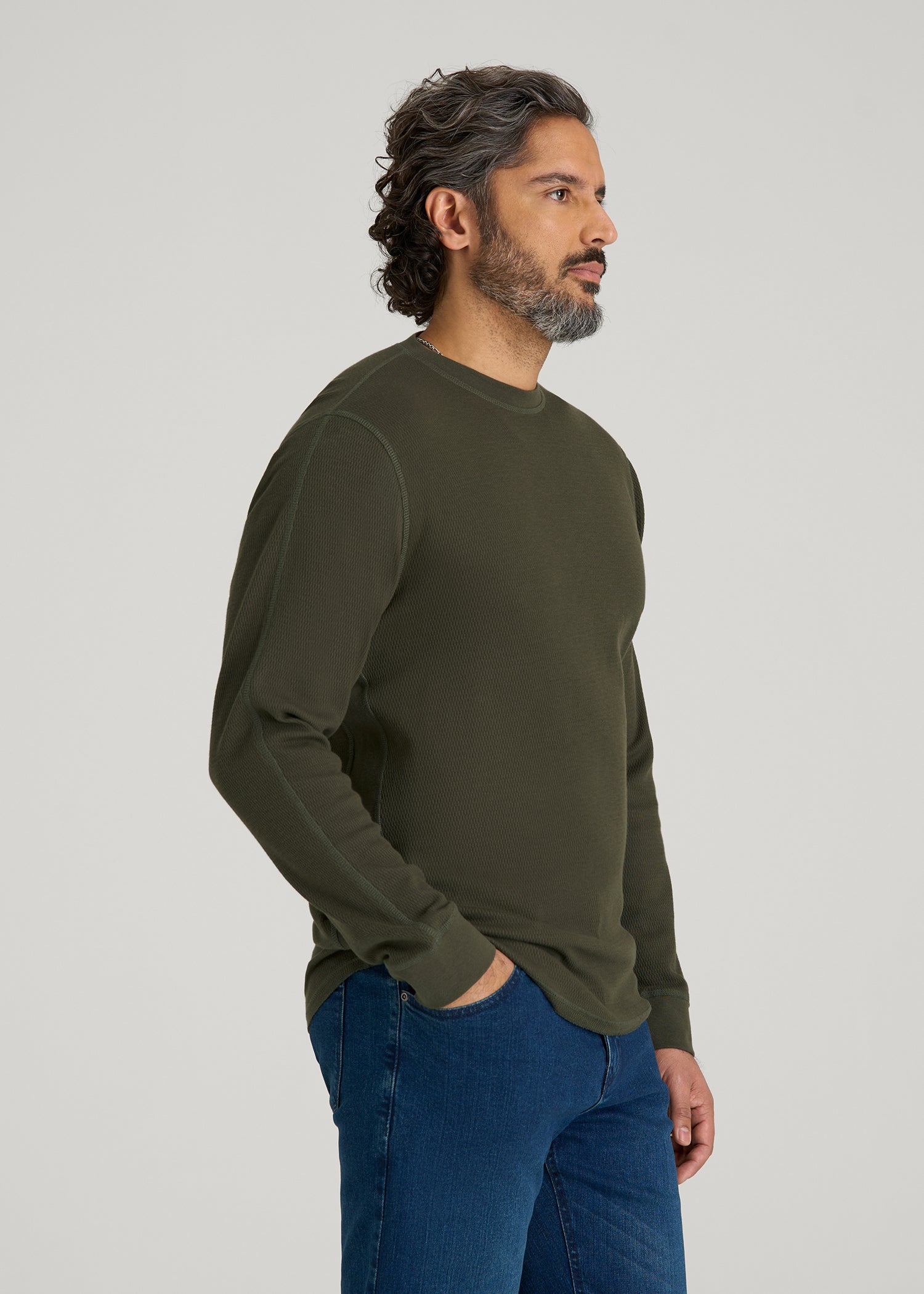 Double Honeycomb Thermal Crewneck for Tall Men in Dark Olive Green