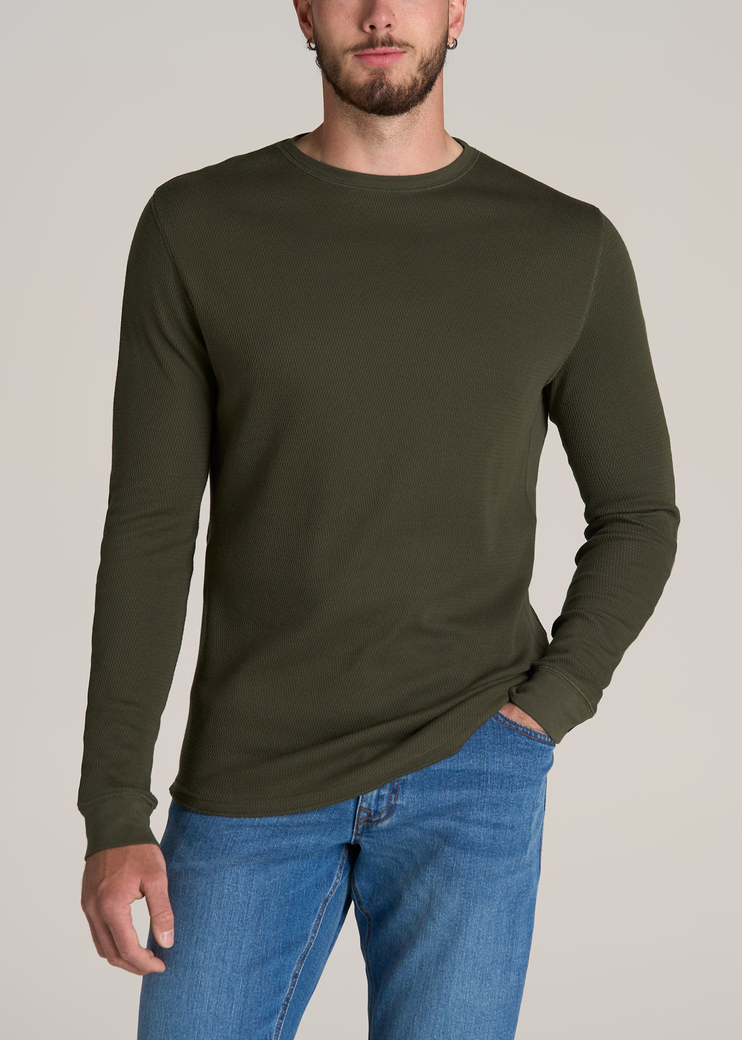 American-Tall-Men-Double-Honeycomb-Thermal-Crewneck-Dark-Olive-Green-front