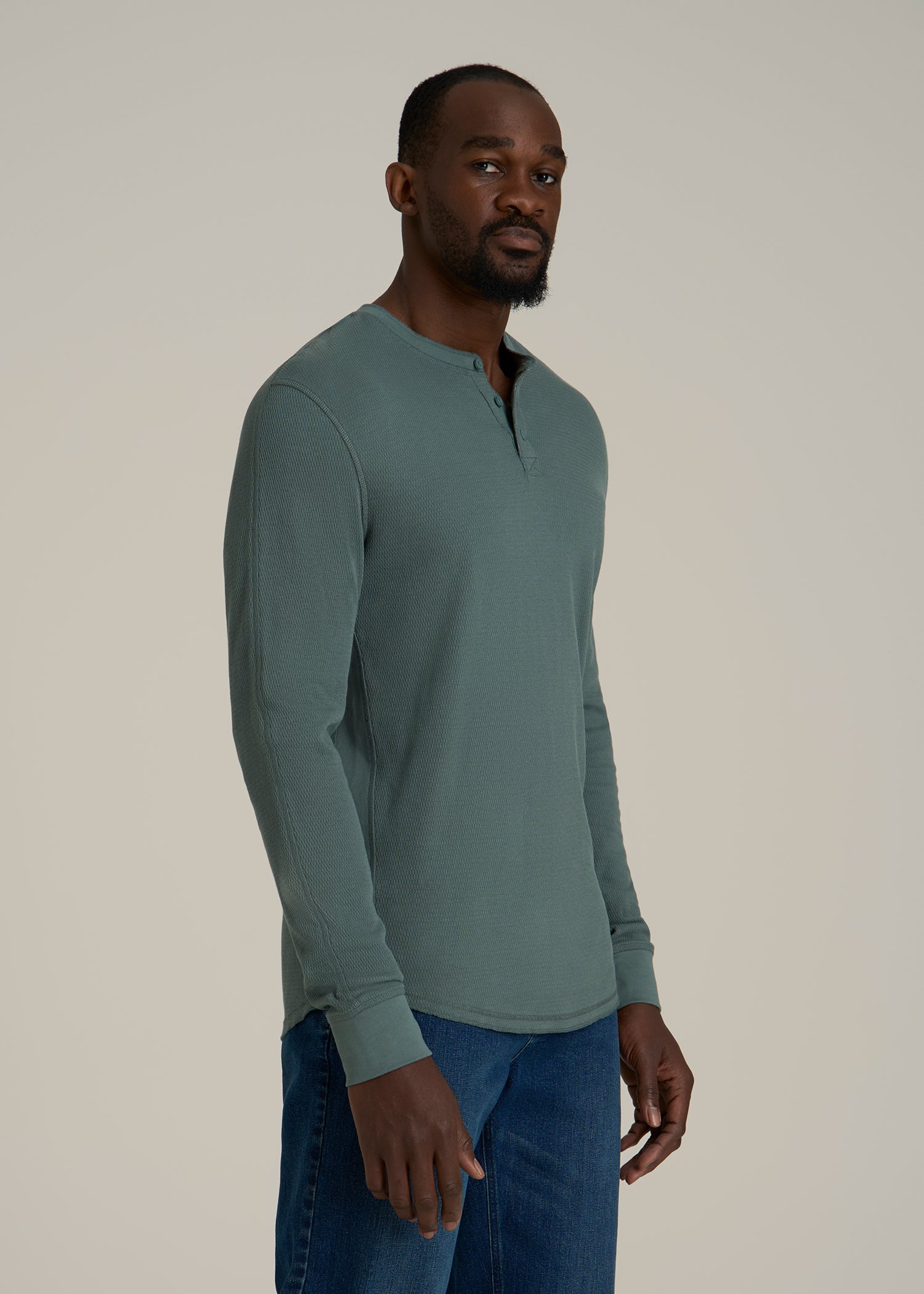 Double Honeycomb Thermal Long-Sleeve Henley Shirt for Tall Men in Balsam Green