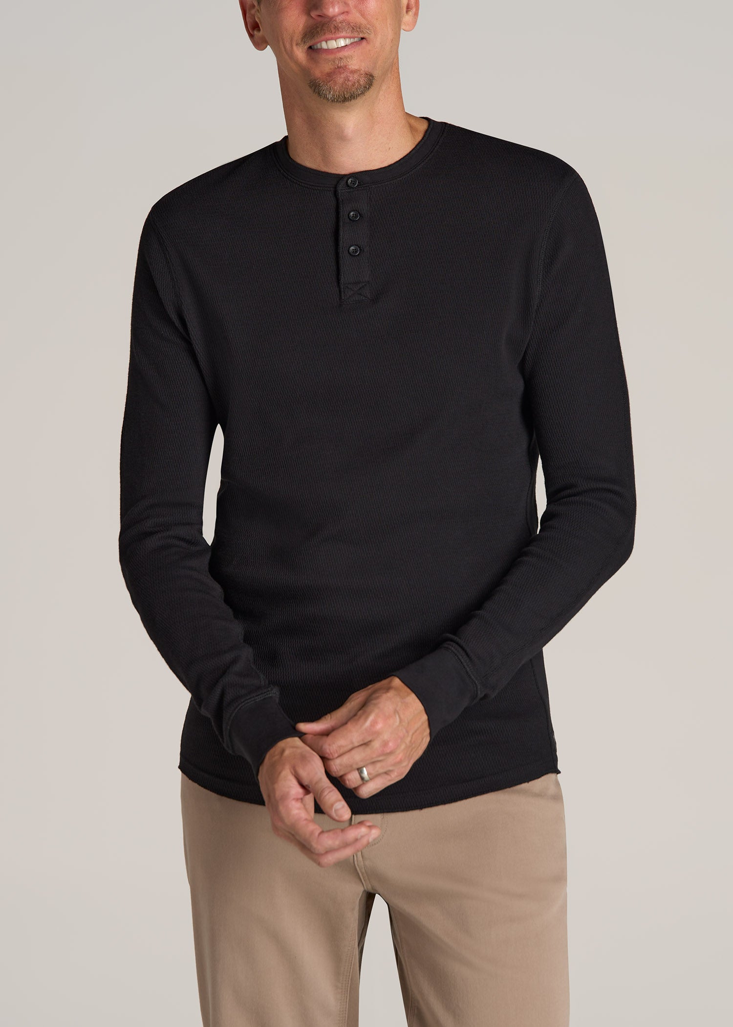 American-Tall-Men-Double-Honeycomb-Thermal-LS-Henley-Black-front