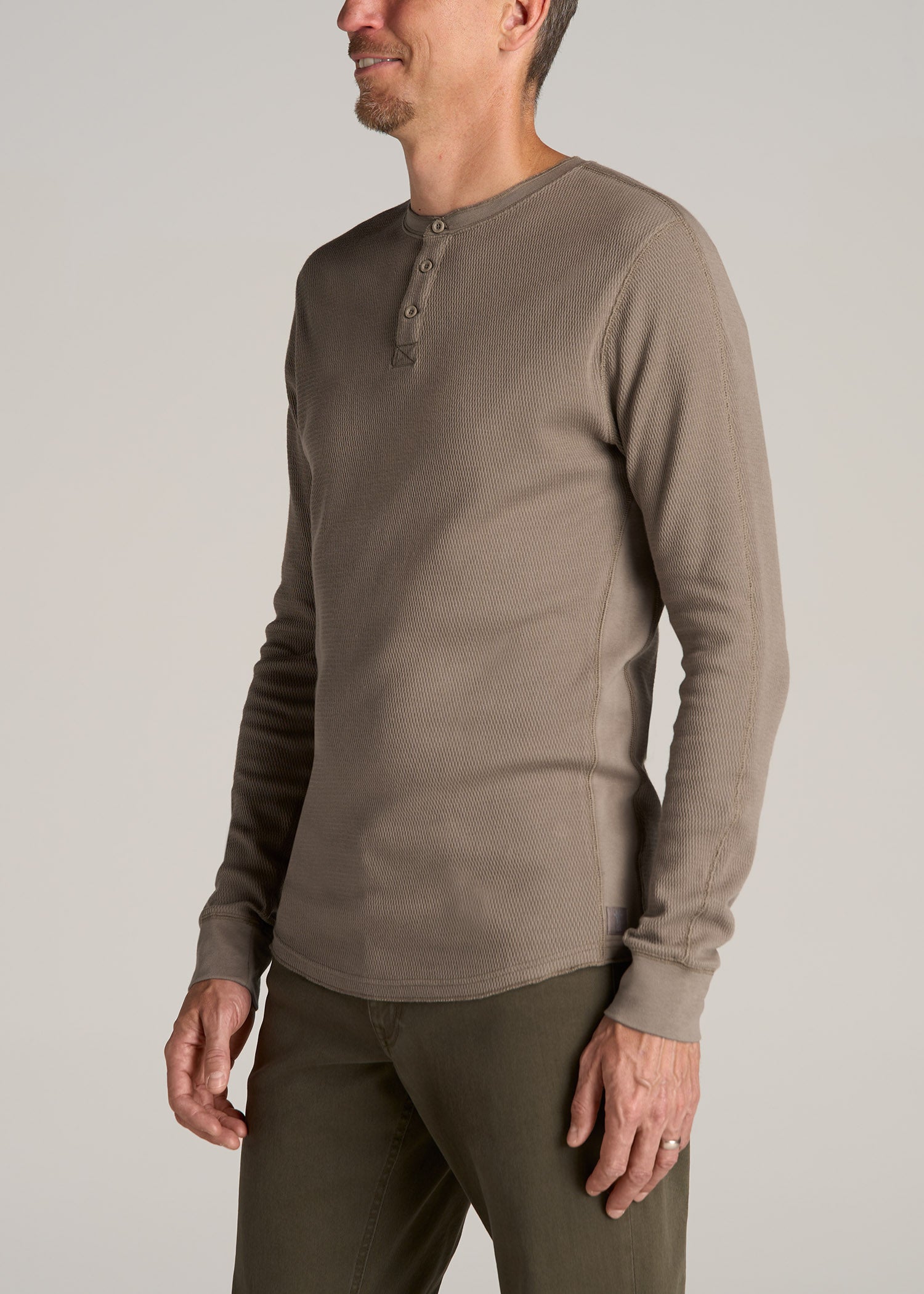 Double Honeycomb Thermal Long-Sleeve Henley Shirt for Tall Men in Dark Sand