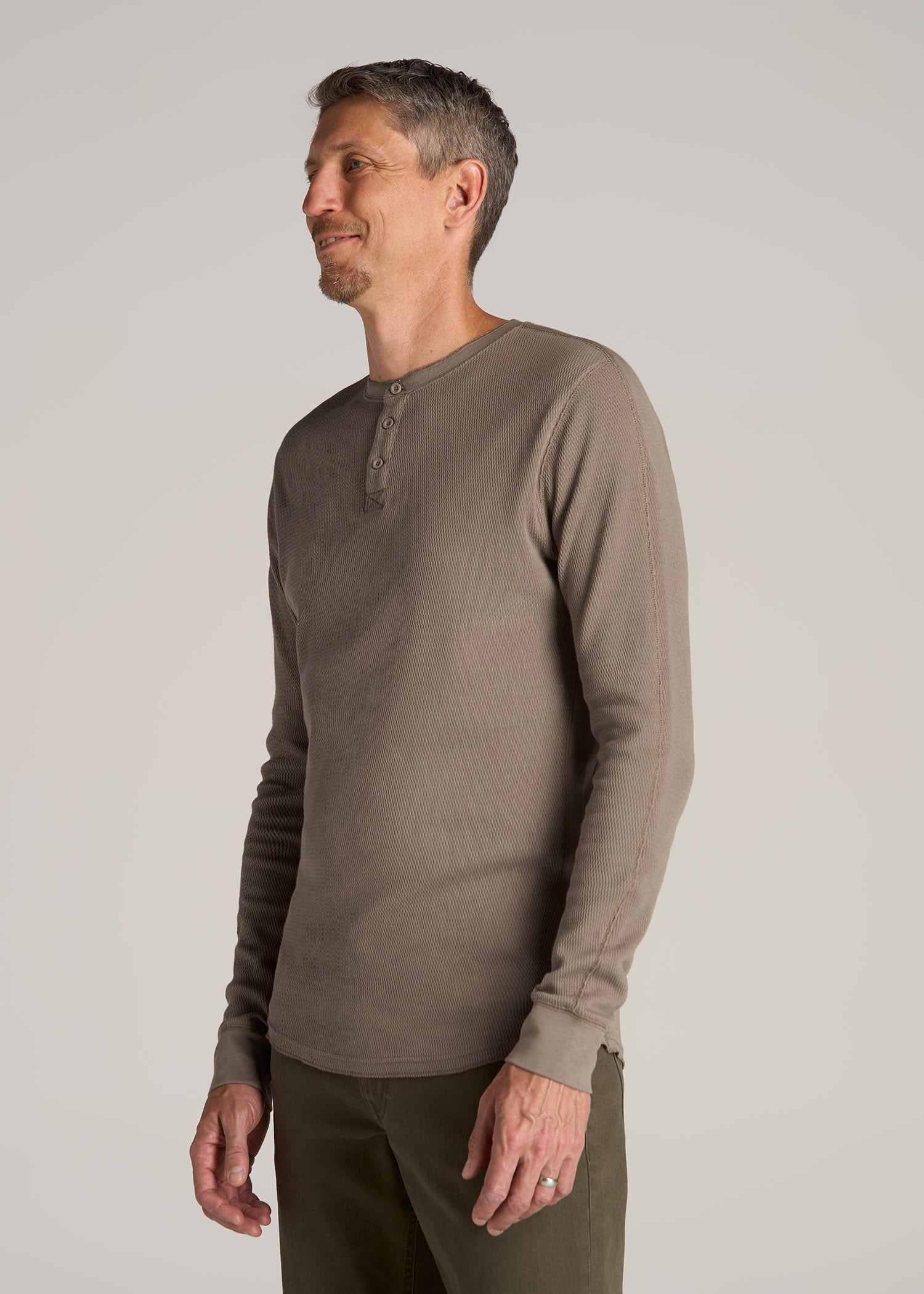 Double Honeycomb Thermal Long-Sleeve Henley Shirt for Tall Men in Dark Sand