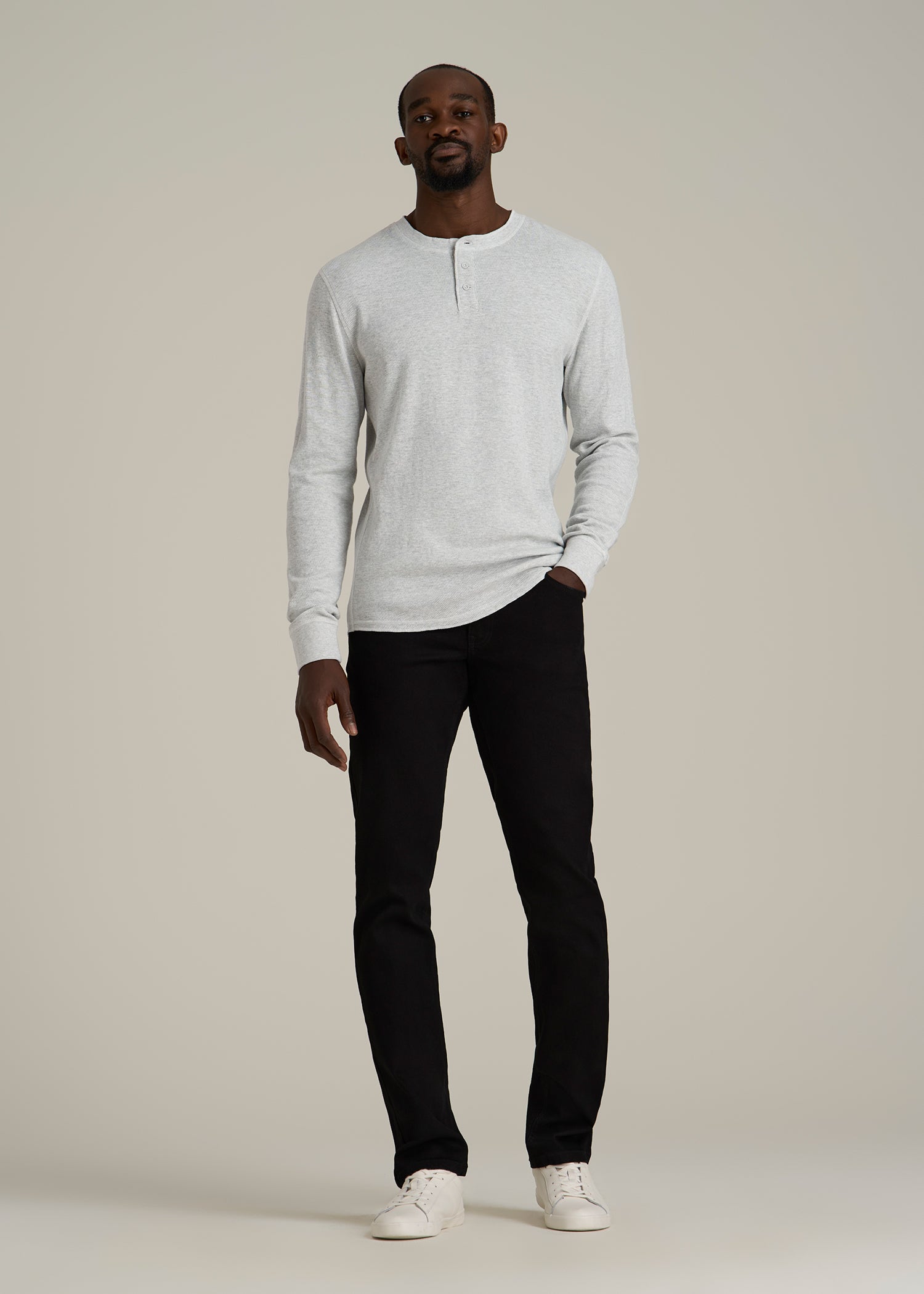 Double Honeycomb Thermal Long-Sleeve Henley Shirt for Tall Men in Light Heather Grey