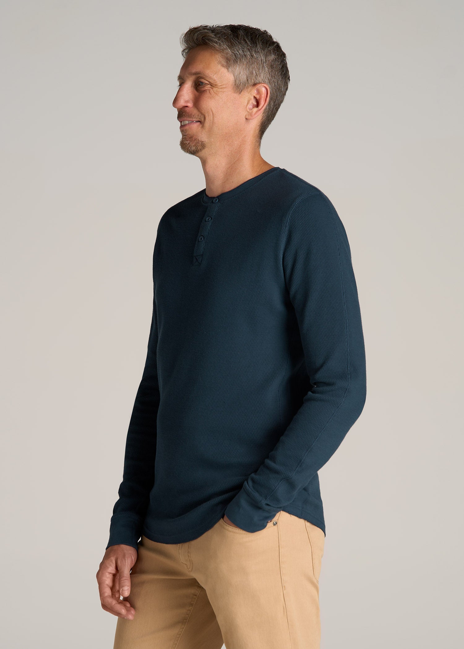 Double Honeycomb Thermal Long-Sleeve Henley Shirt for Tall Men in True Navy
