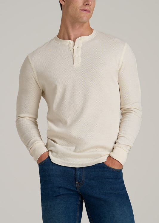 Double Honeycomb Thermal Long-Sleeve Henley Shirt for Tall Men in White Alyssum