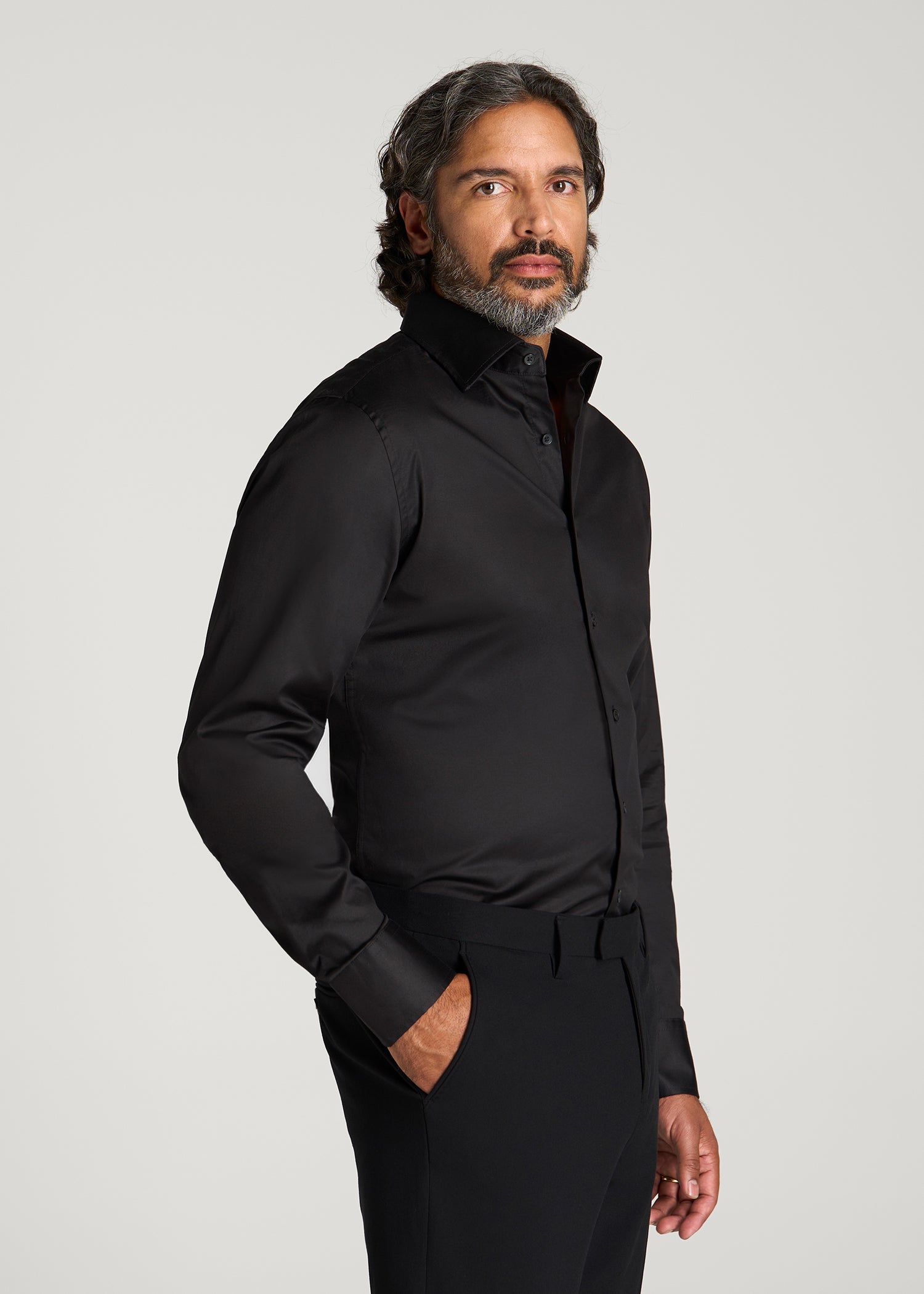 Easy Care Stretch Cotton Dress Shirt for Tall Men in Black