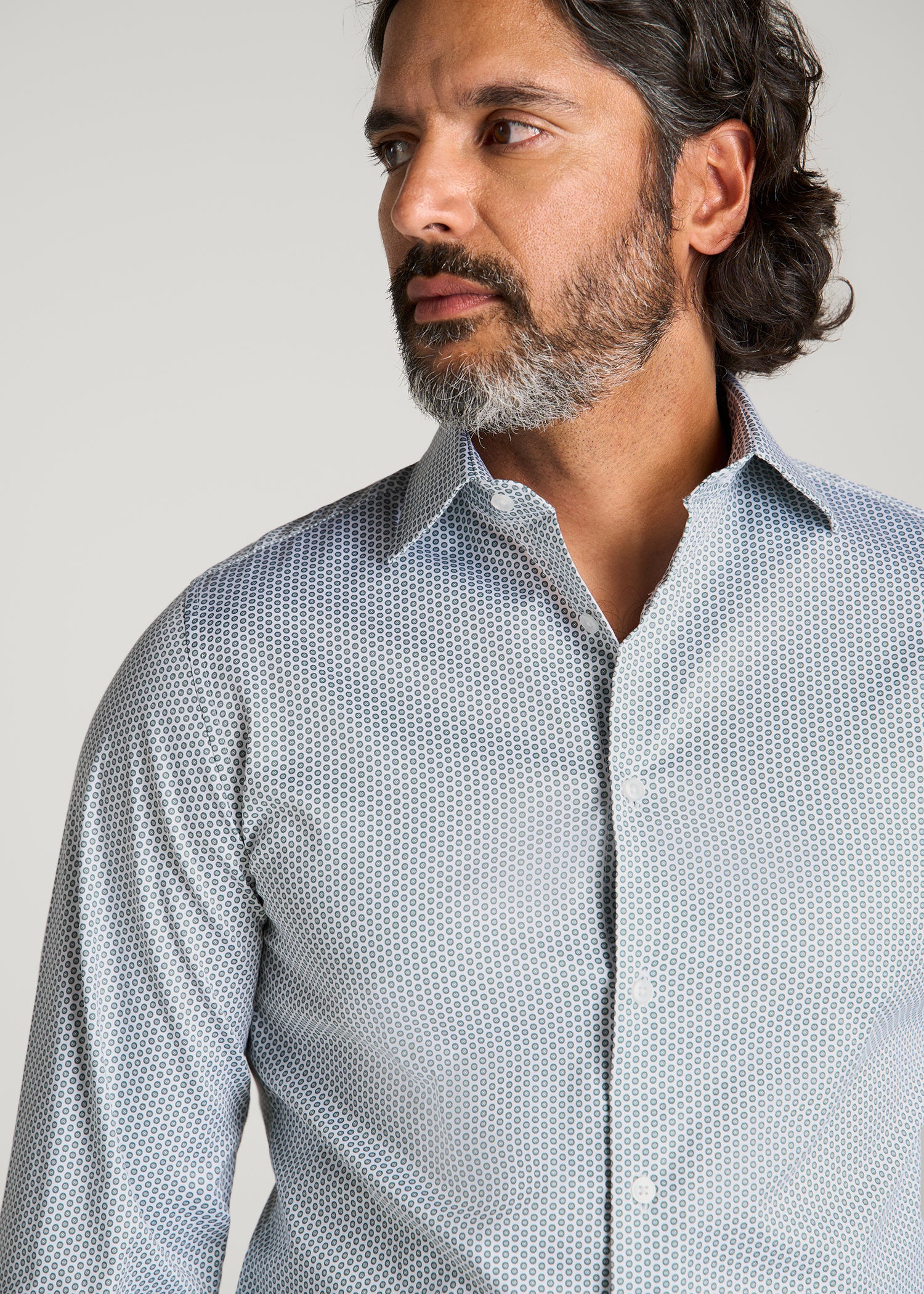 Easy Care Stretch Cotton Dress Shirt for Tall Men in Boreal Green Geo