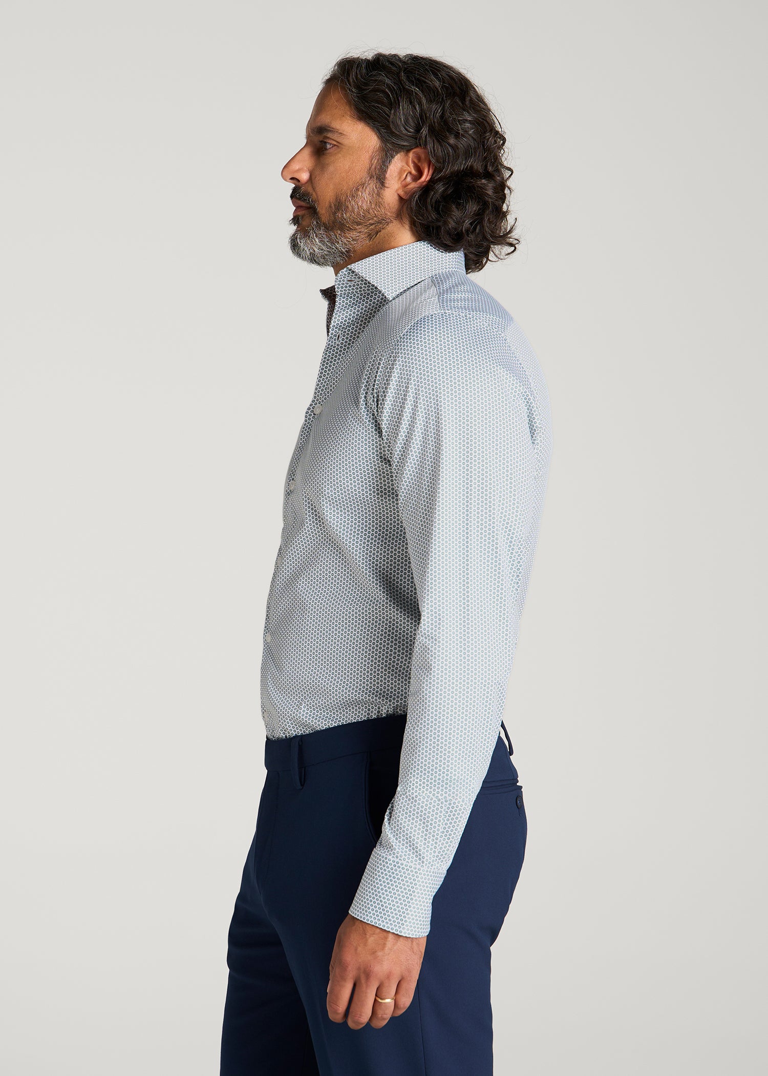 Easy Care Stretch Cotton Dress Shirt for Tall Men in Boreal Green Geo
