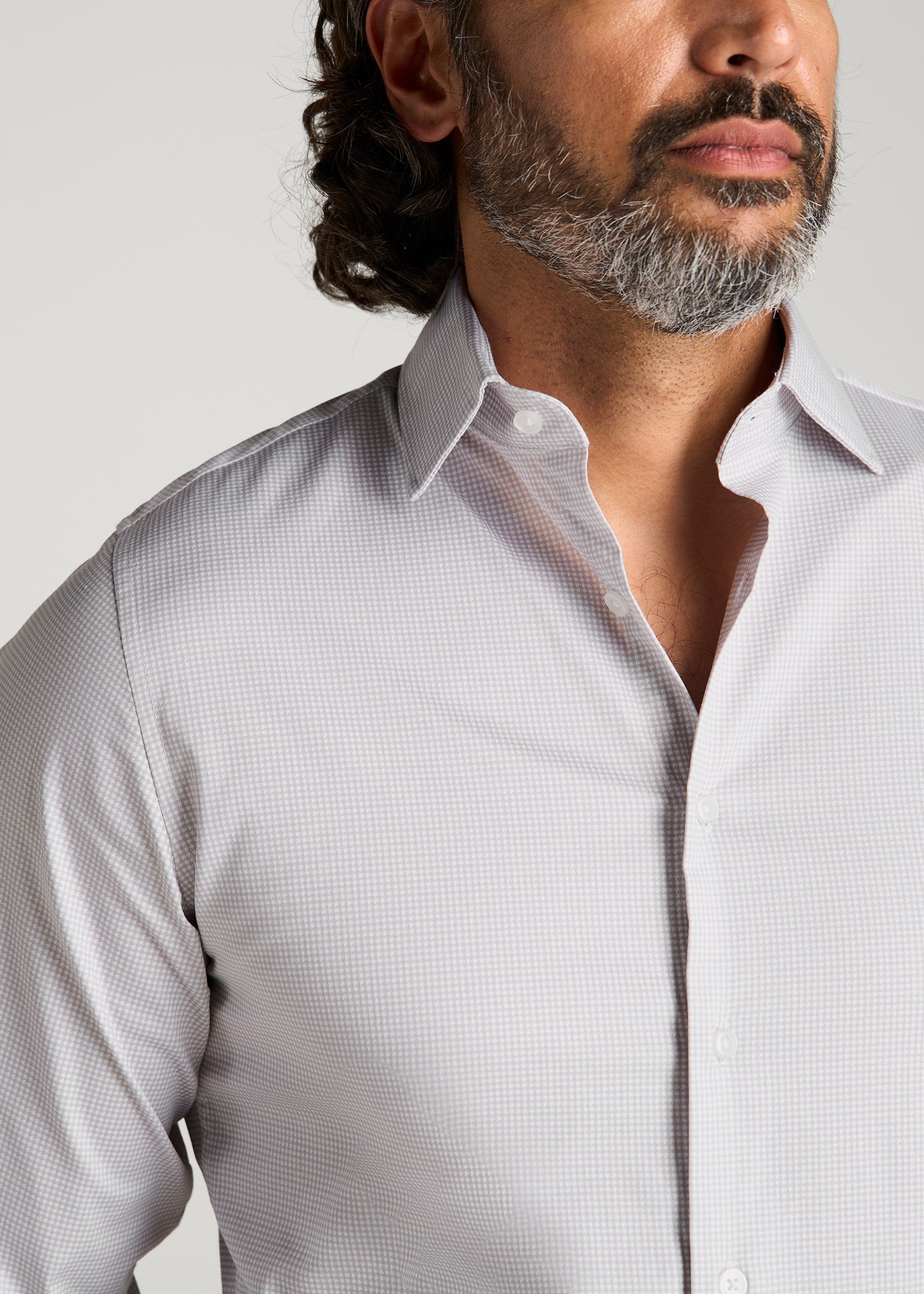 Easy Care Stretch Cotton Dress Shirt for Tall Men in Greige Houndstooth