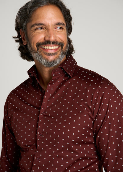 Easy Care Stretch Cotton Dress Shirt for Tall Men in Rum Raisin Geo
