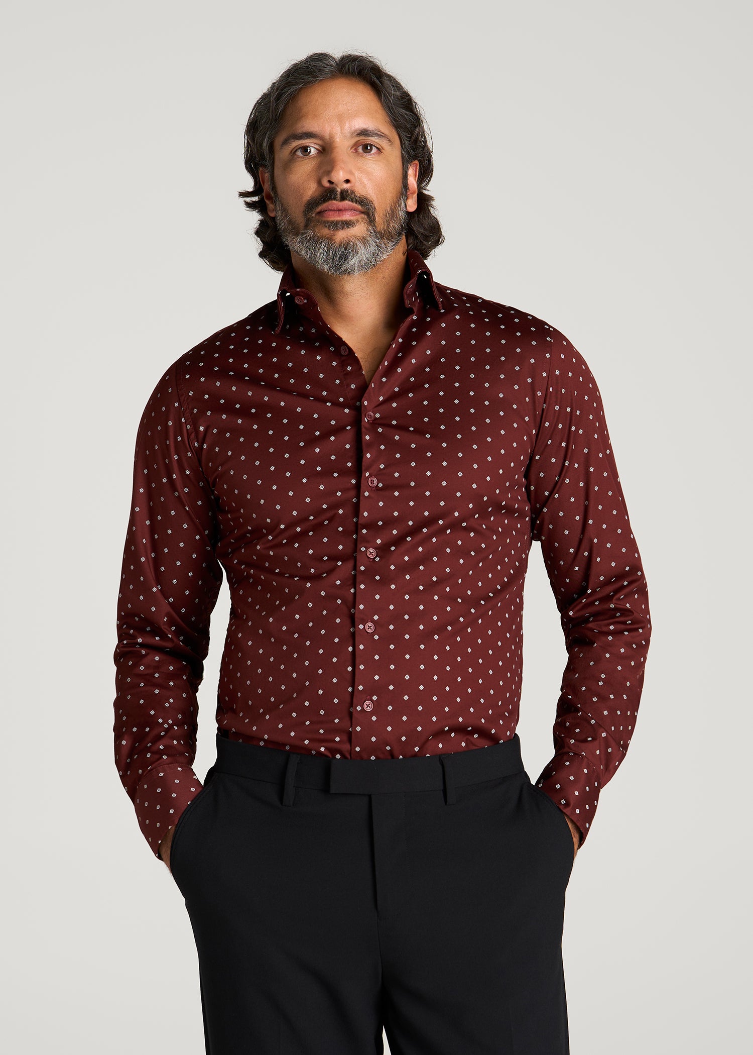 Easy Care Stretch Cotton Dress Shirt for Tall Men in Rum Raisin Geo