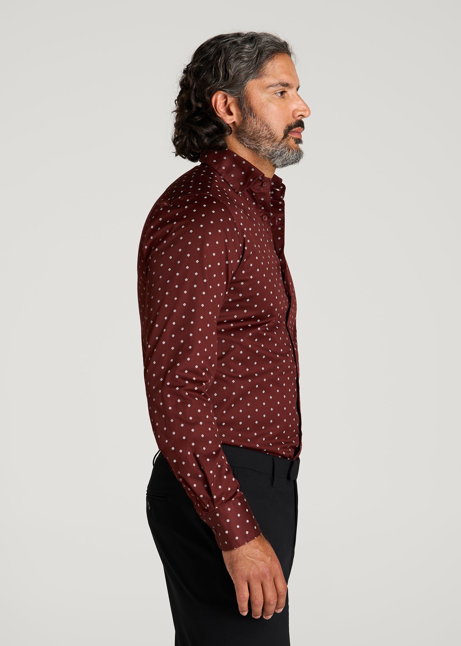 Easy Care Stretch Cotton Dress Shirt for Tall Men in Rum Raisin Geo