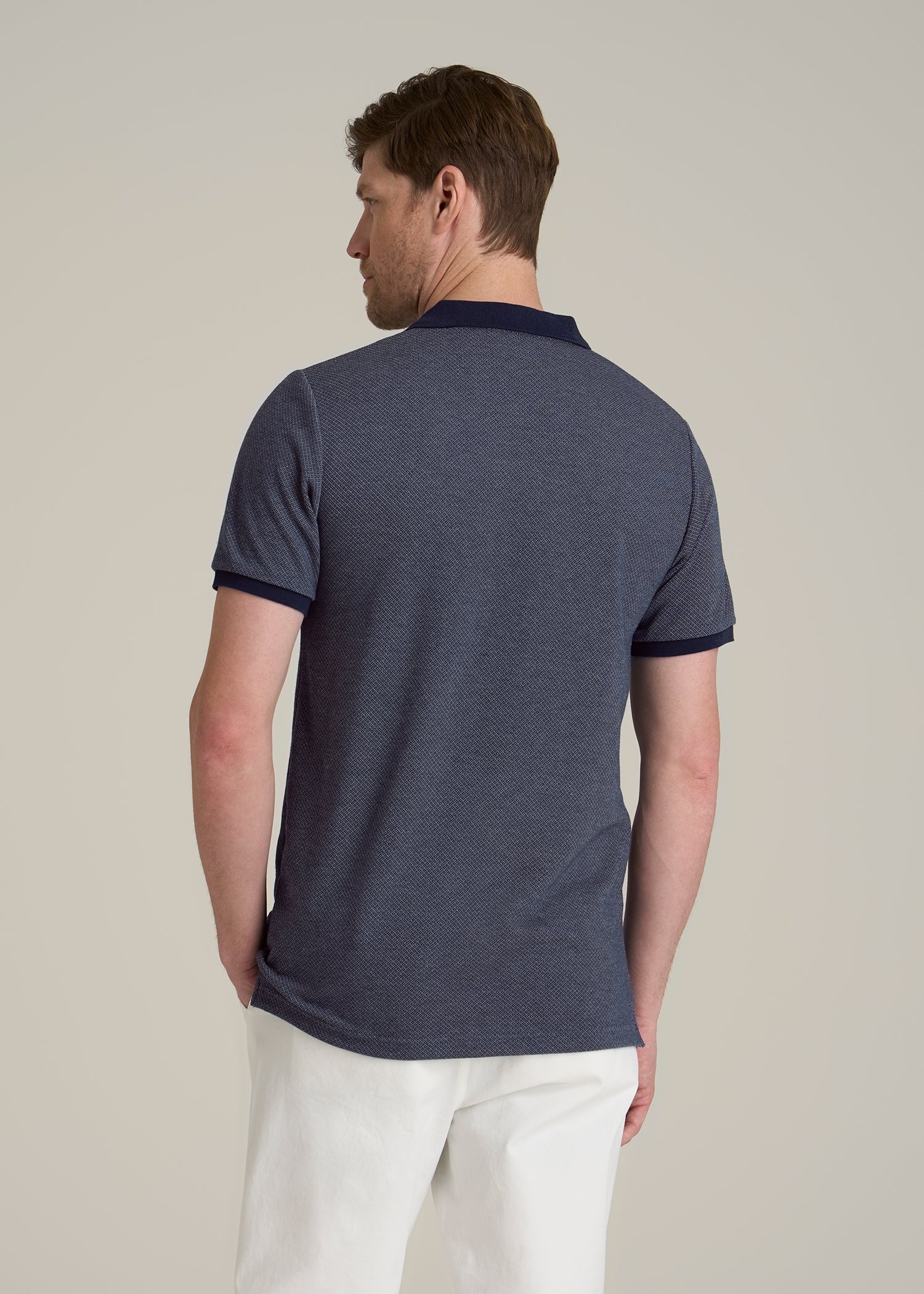 Embossed Geo Zip Collar Polo Shirt for Tall Men in Evening Blue