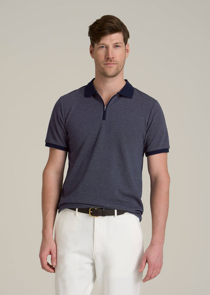 Embossed Geo Zip Collar Polo Shirt for Tall Men in Evening Blue
