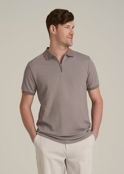 Embossed Geo Zip Collar Polo Shirt for Tall Men in Portobello