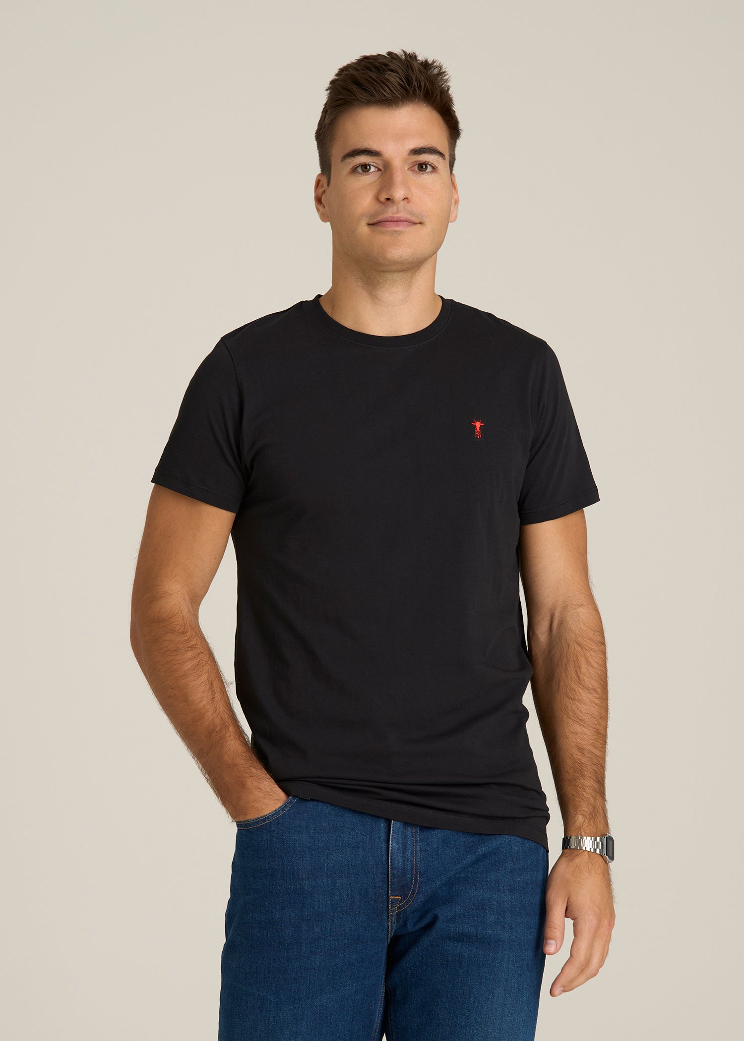 MODERN-FIT Embroidered Logo Crewneck T-Shirt for Tall Men in Black