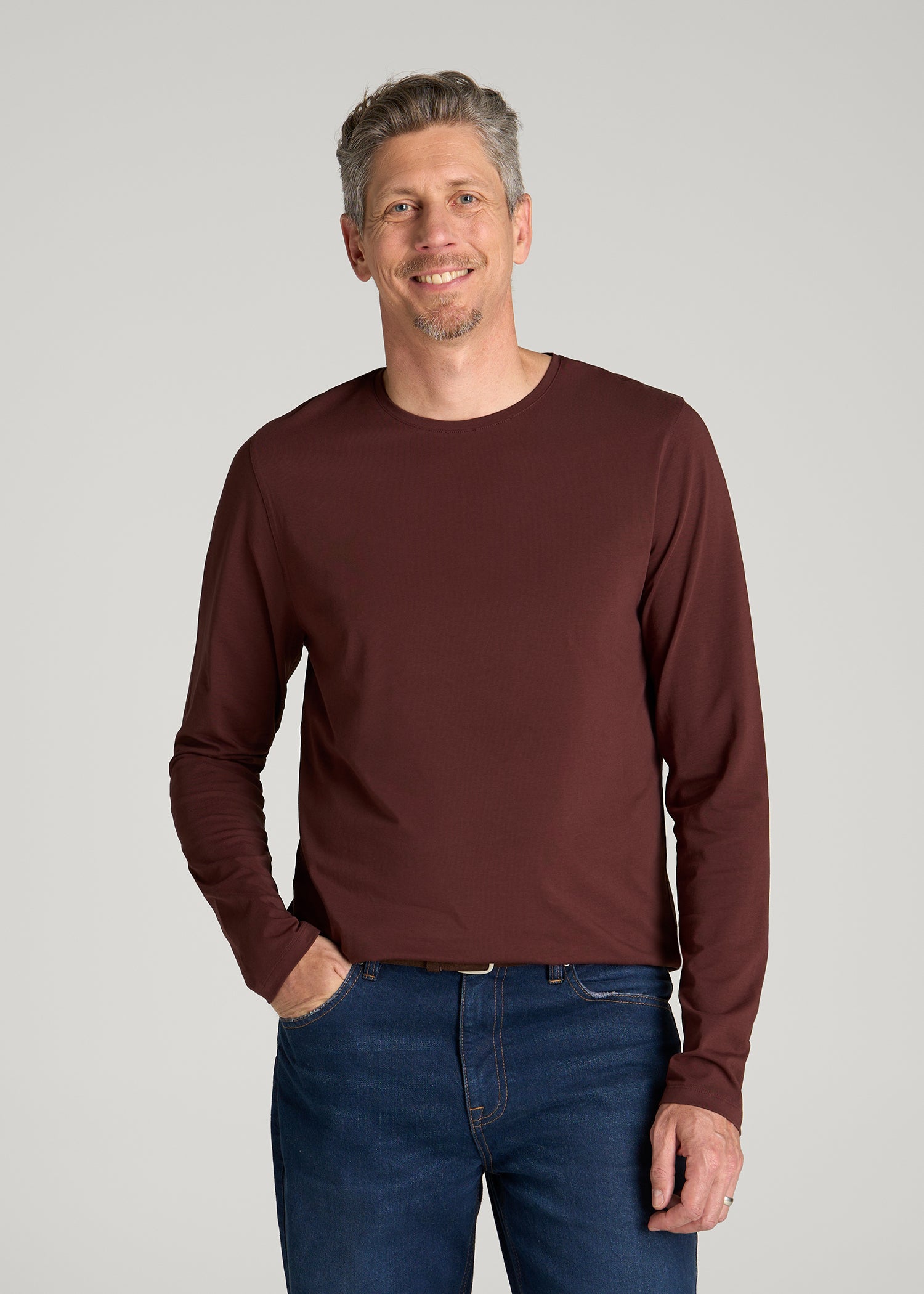 The Essential Modern Fit Crewneck Long Sleeve Tee for Tall Men in Rum Raisin