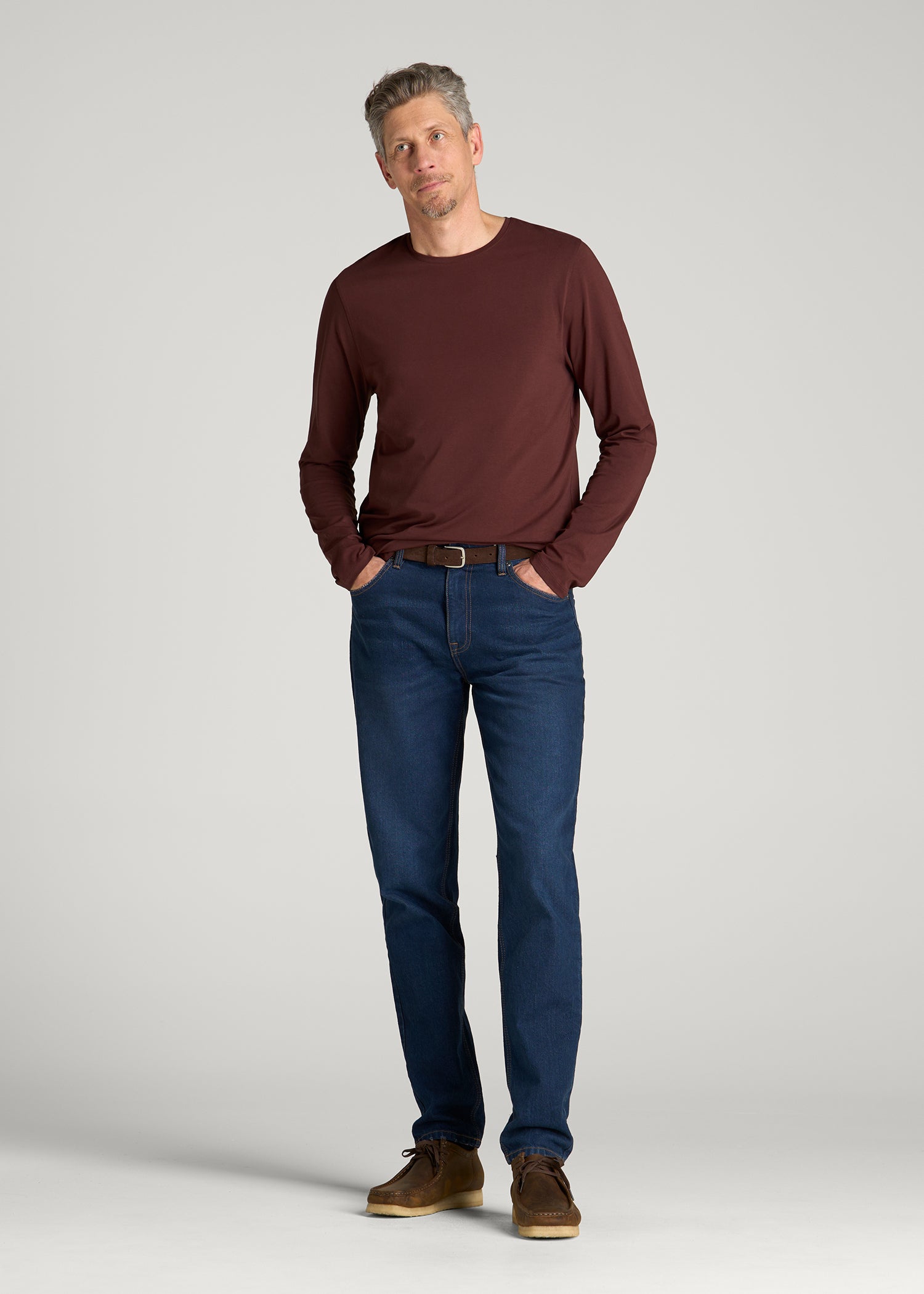 The Essential Modern Fit Crewneck Long Sleeve Tee for Tall Men in Rum Raisin
