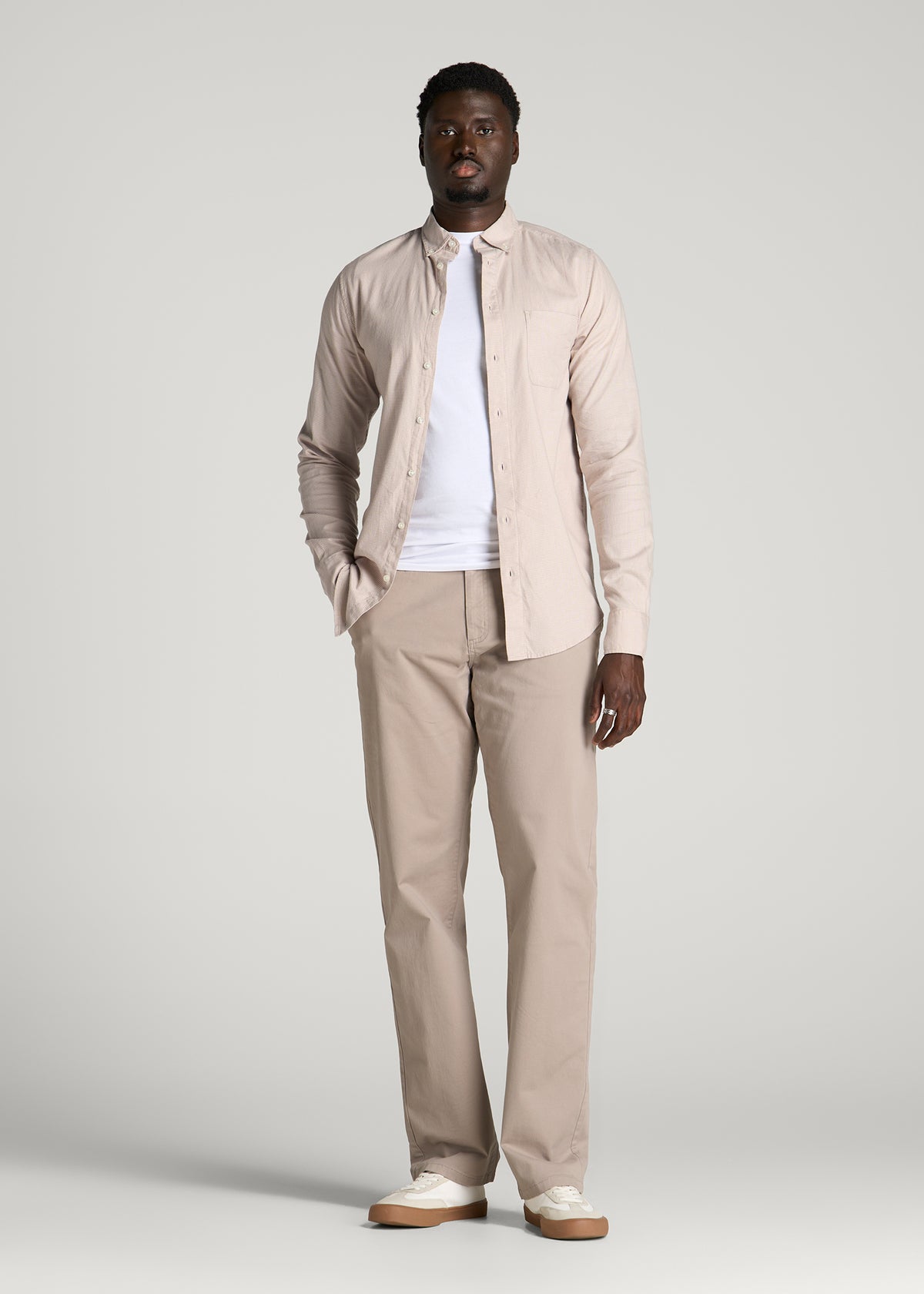 Everyday Lightweight Flannel Shirt for Tall Men in White Sand Houndstooth