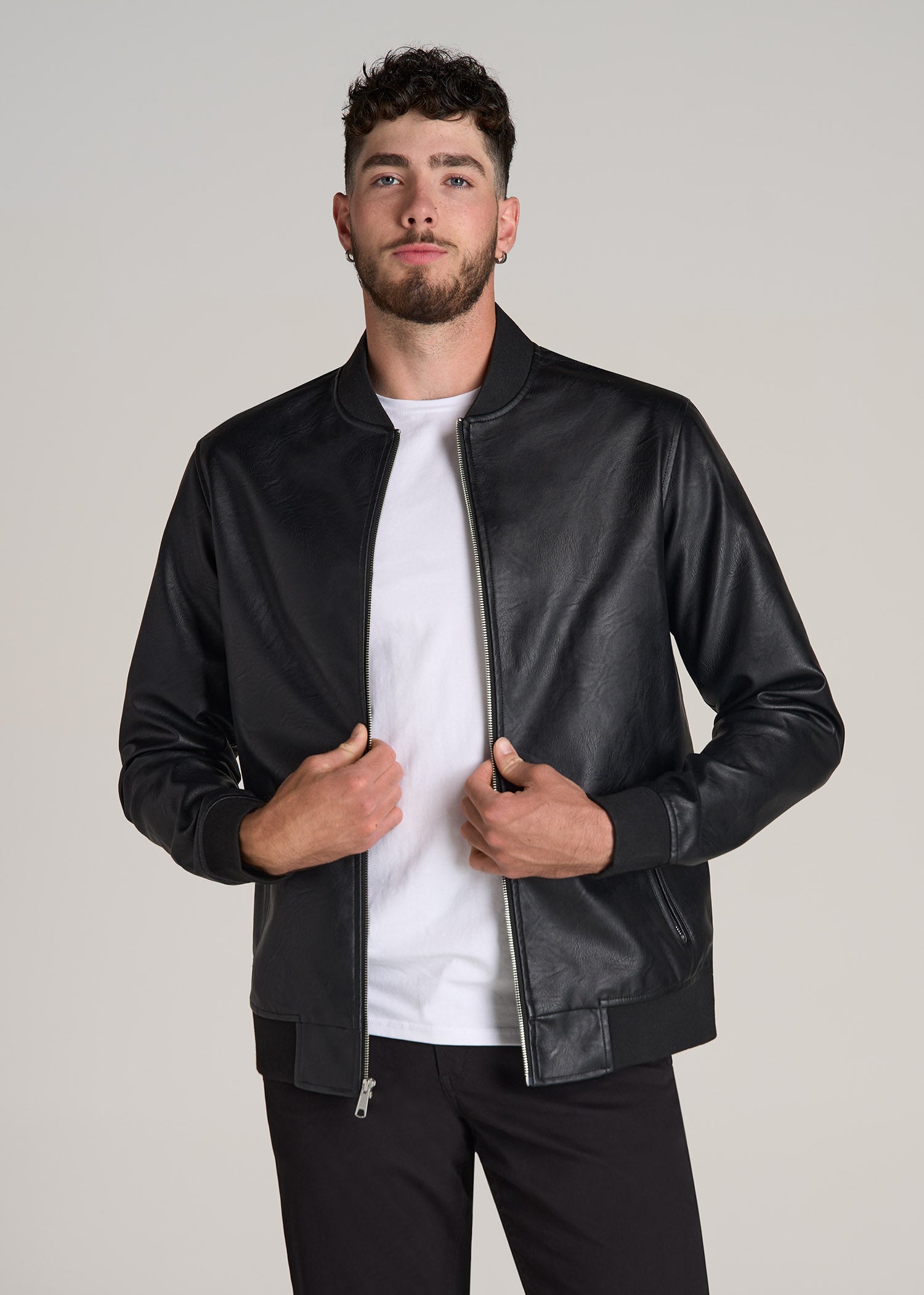 True Touch Leather Bomber Jacket for Tall Men in Black