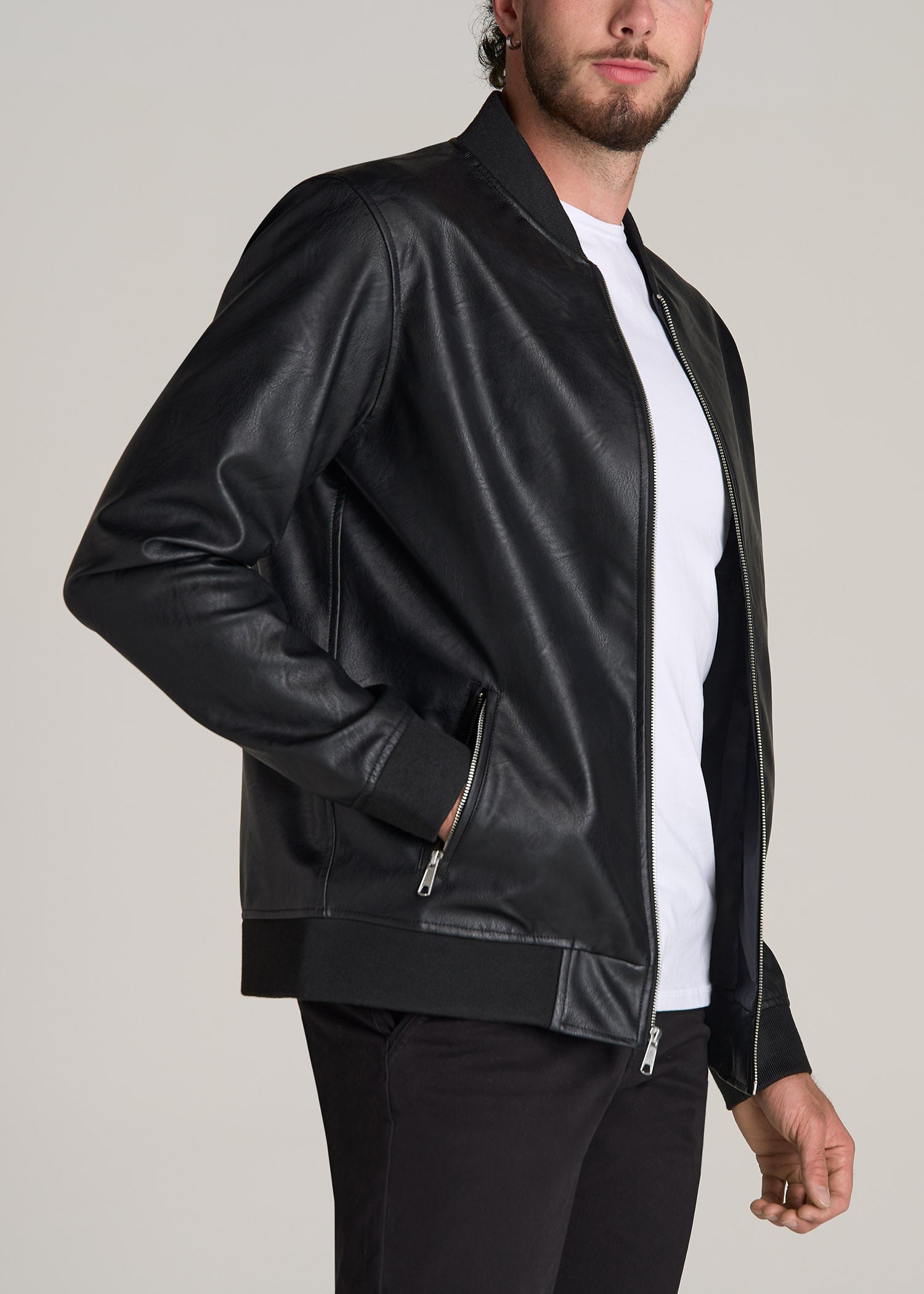 HOOD CREW Men's Classic Zip Up Bomber Faux Leather Jackets Black XXL -  ShopStyle