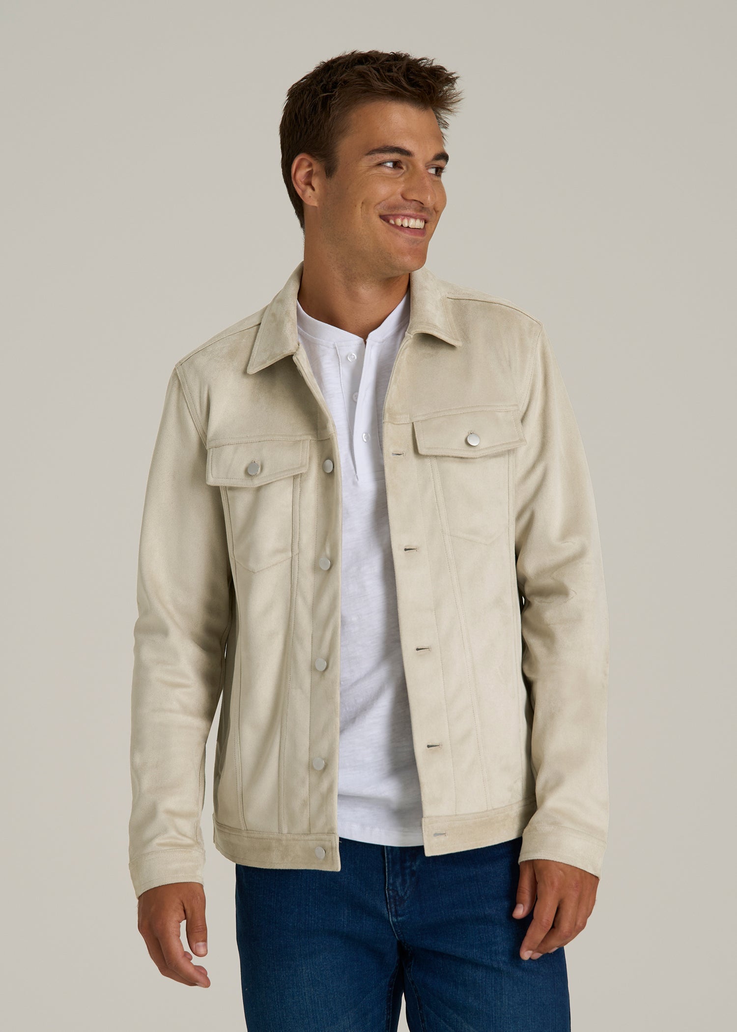 True Touch Suede Trucker Jacket for Tall Men in Overcast