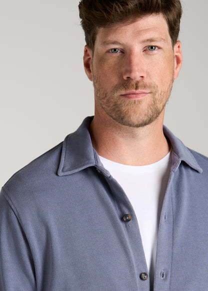 Field Knit Jersey Button Shirt for Tall Men in Blue Granite
