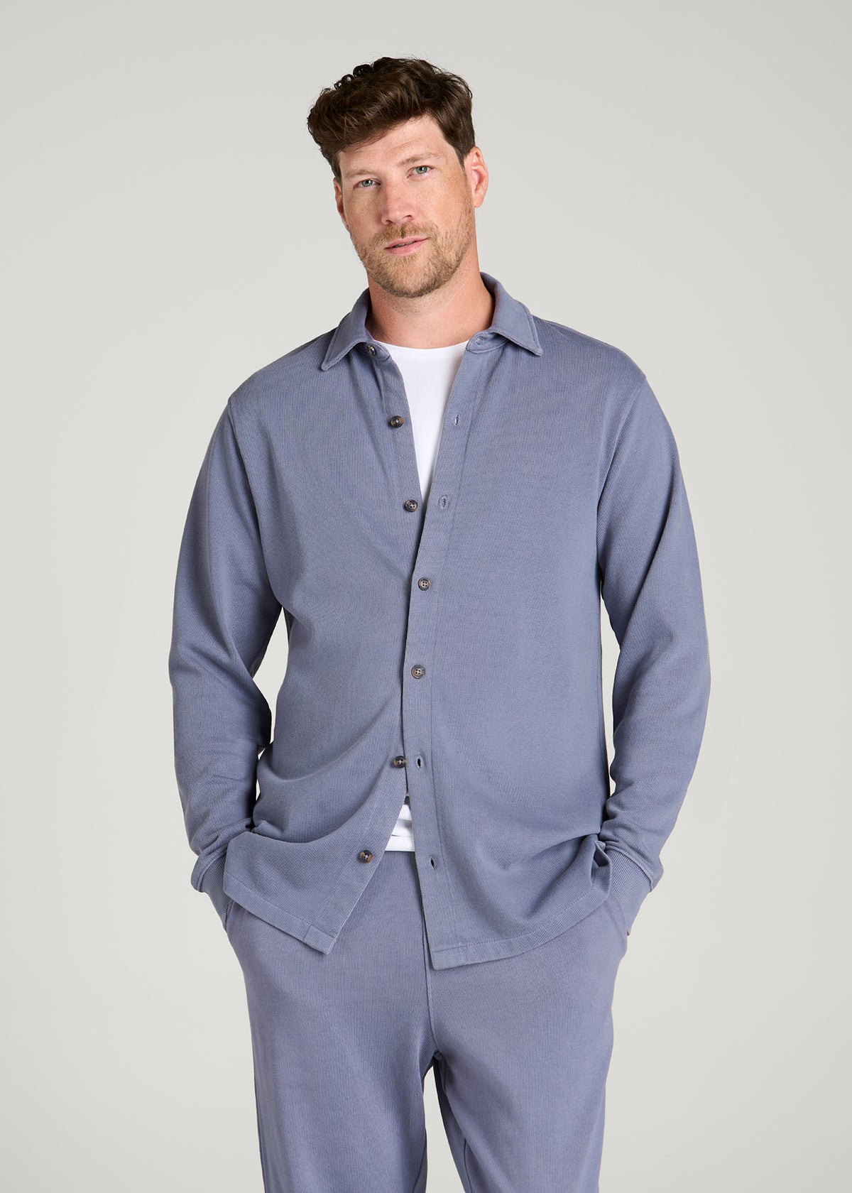Field Knit Jersey Button Shirt for Tall Men in Blue Granite