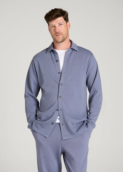 Field Knit Jersey Button Shirt for Tall Men in Blue Granite