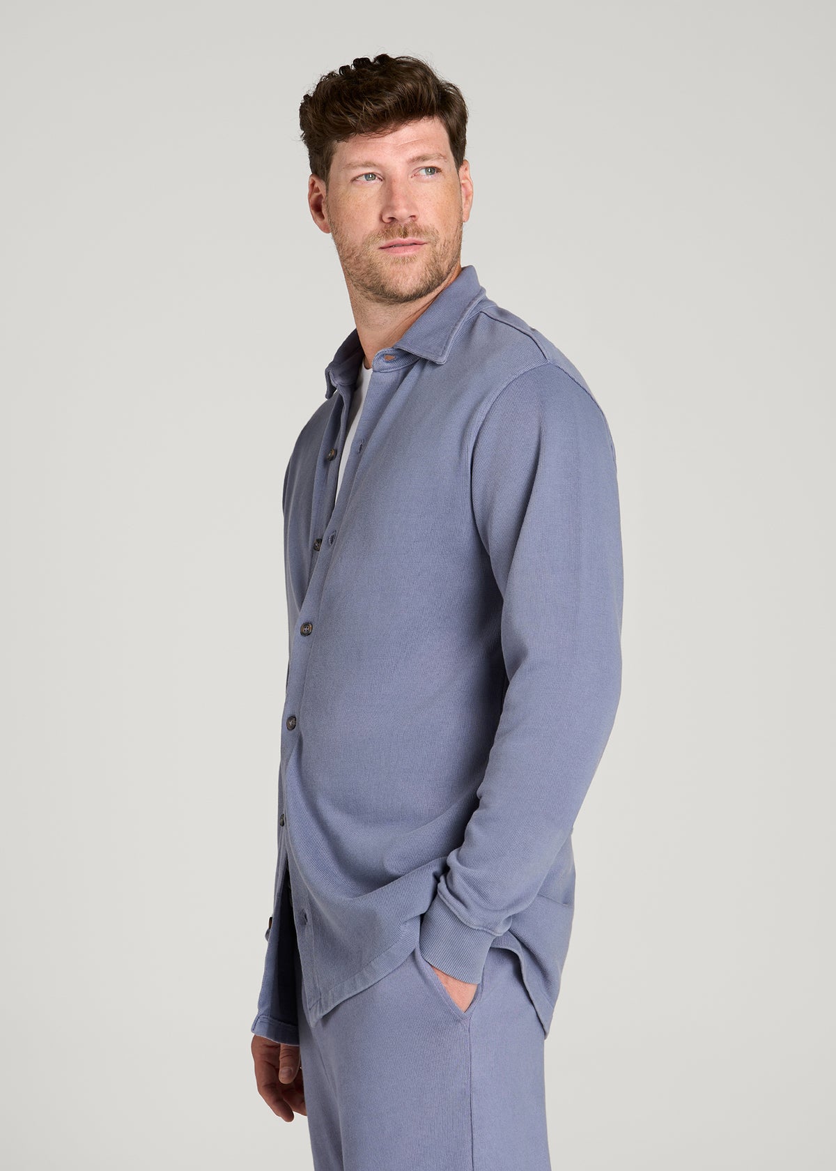Field Knit Jersey Button Shirt for Tall Men in Blue Granite