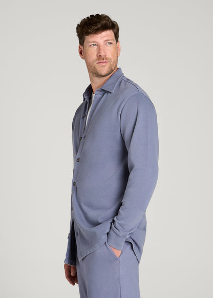 Field Knit Jersey Button Shirt for Tall Men in Blue Granite