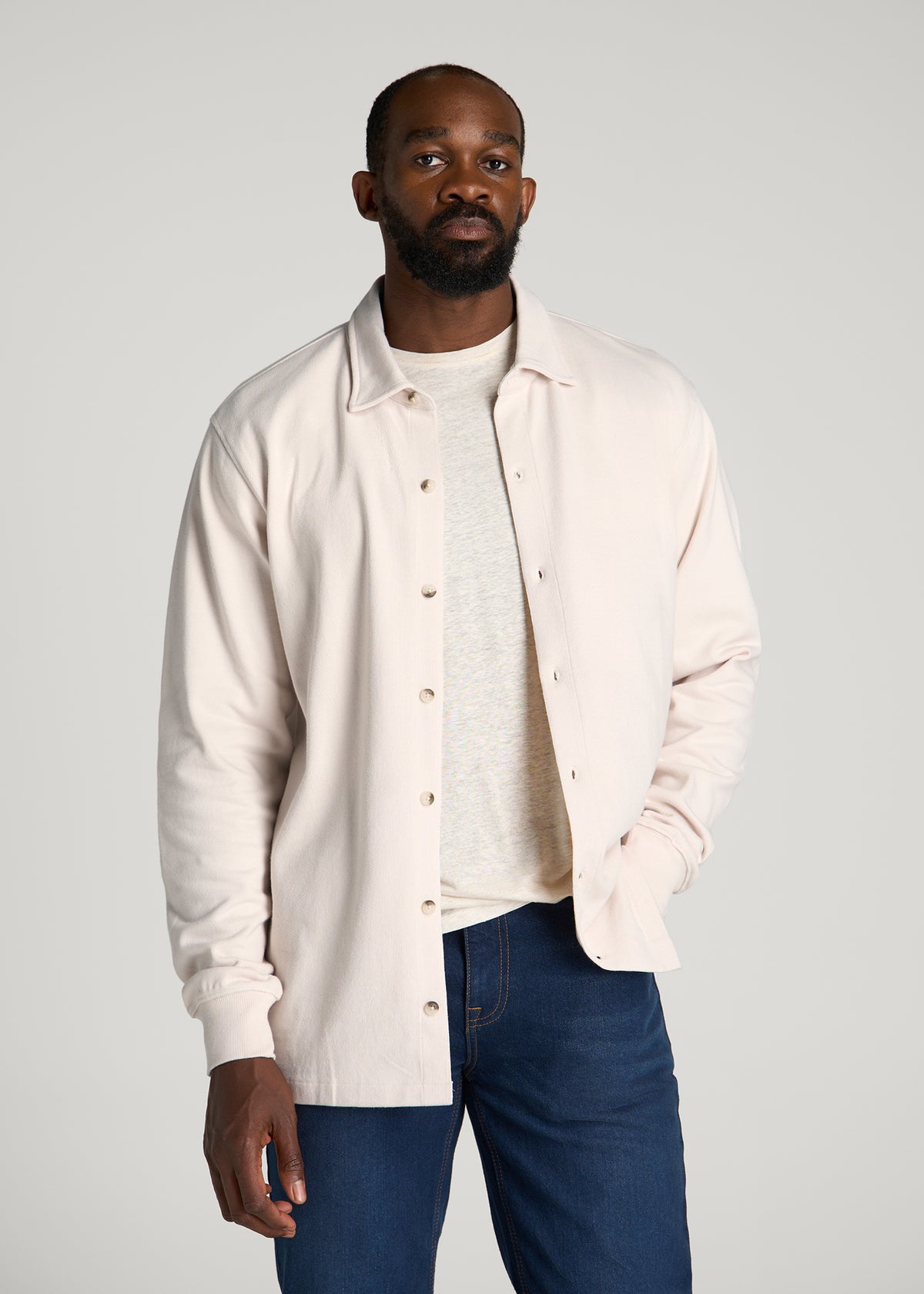 Field Knit Jersey Button Shirt for Tall Men in Parchment