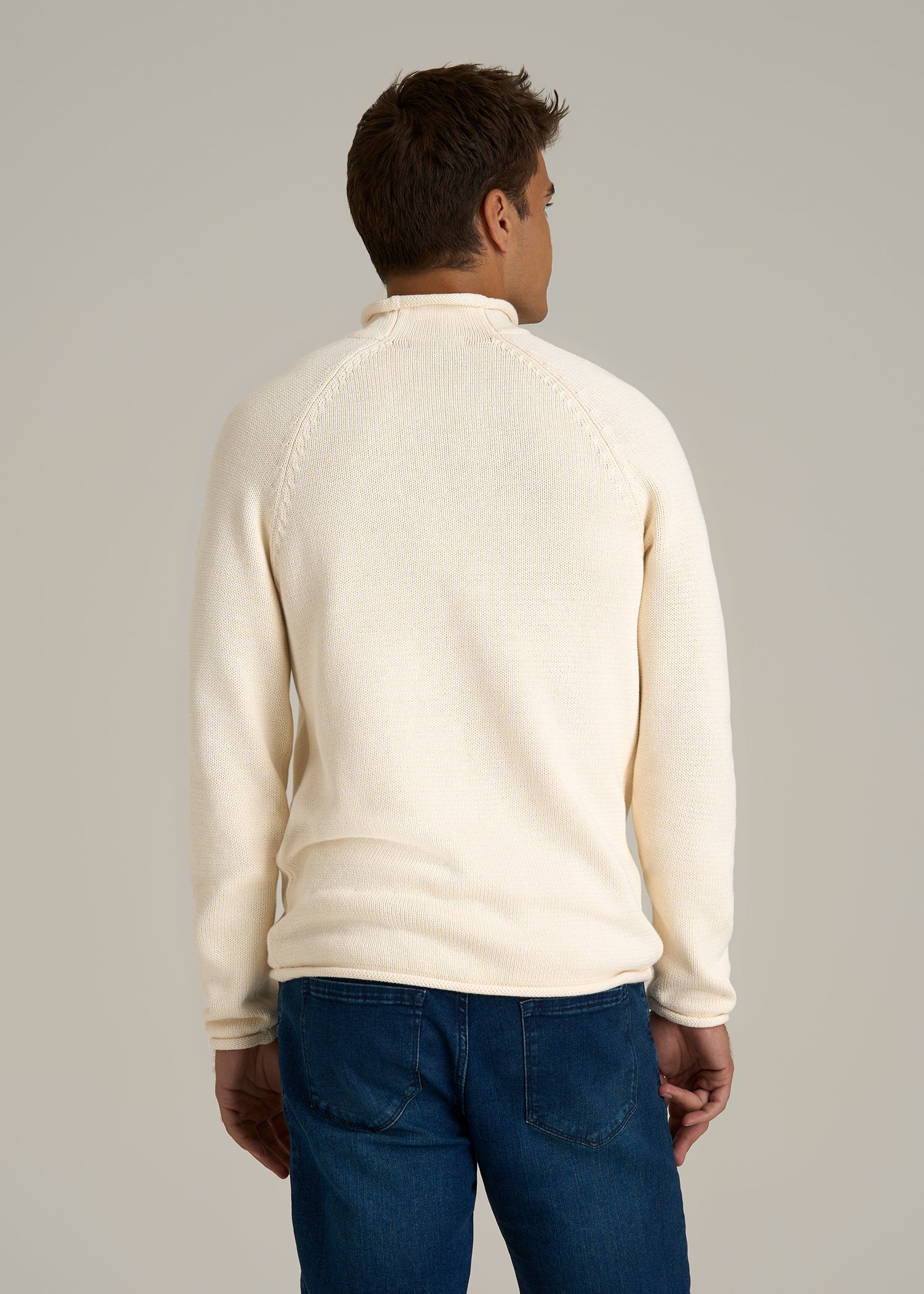 Fisherman Knit Rolled Mock Neck Sweater for Tall Men in Natural