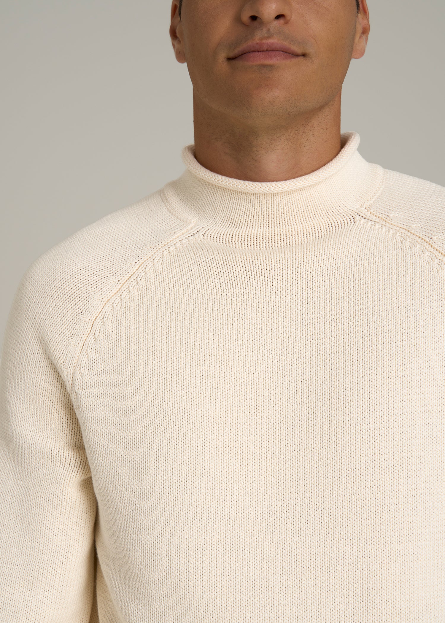 Fisherman Knit Rolled Mock Neck Sweater for Tall Men in Natural