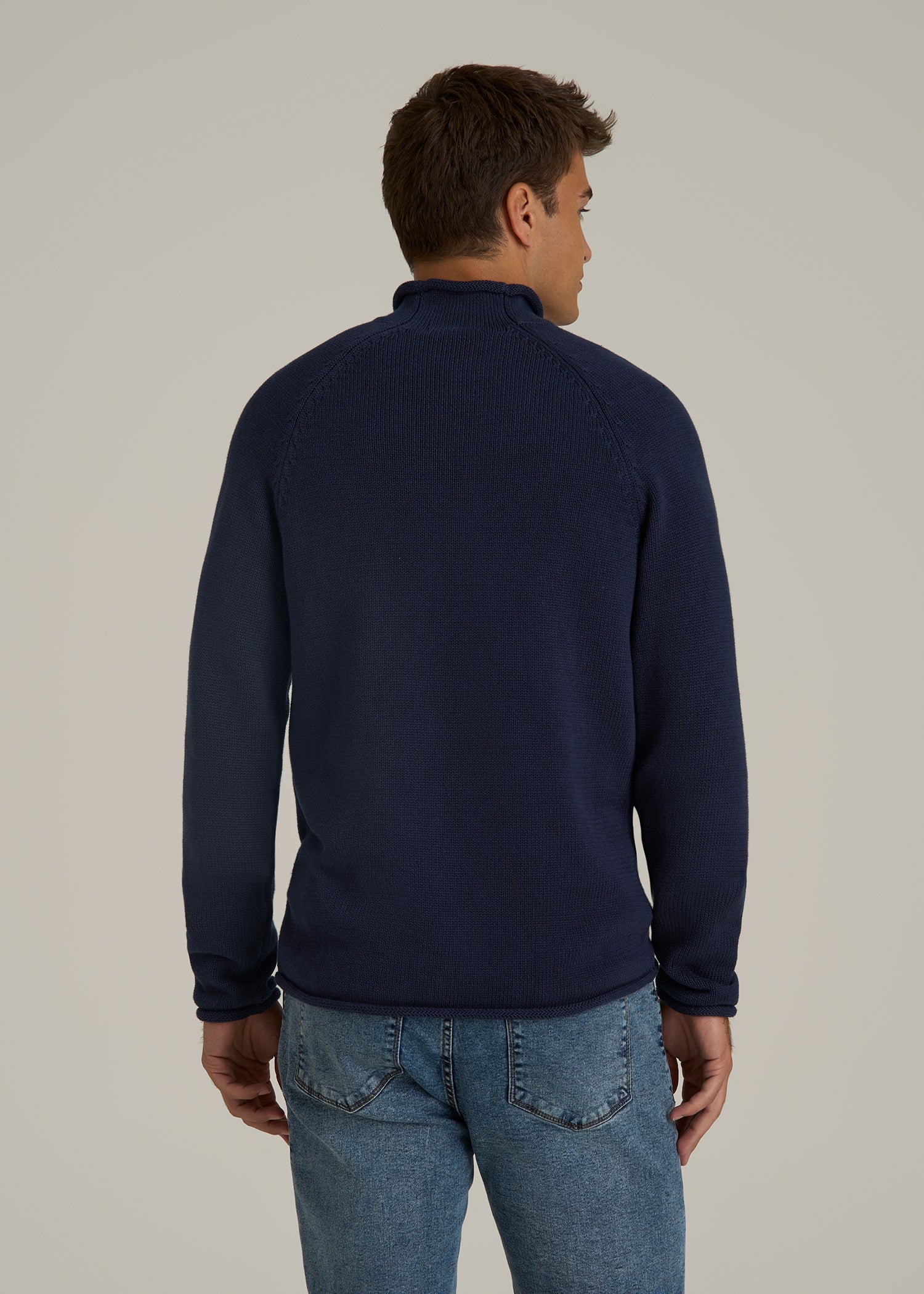 Fisherman Knit Rolled Mock Neck Sweater for Tall Men in Patriot Blue