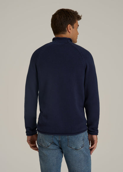 Fisherman Knit Rolled Mock Neck Sweater for Tall Men in Patriot Blue