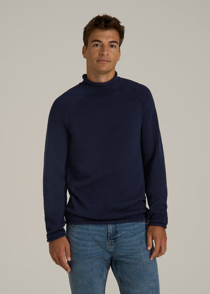 Fisherman Knit Rolled Mock Neck Sweater for Tall Men in Patriot Blue