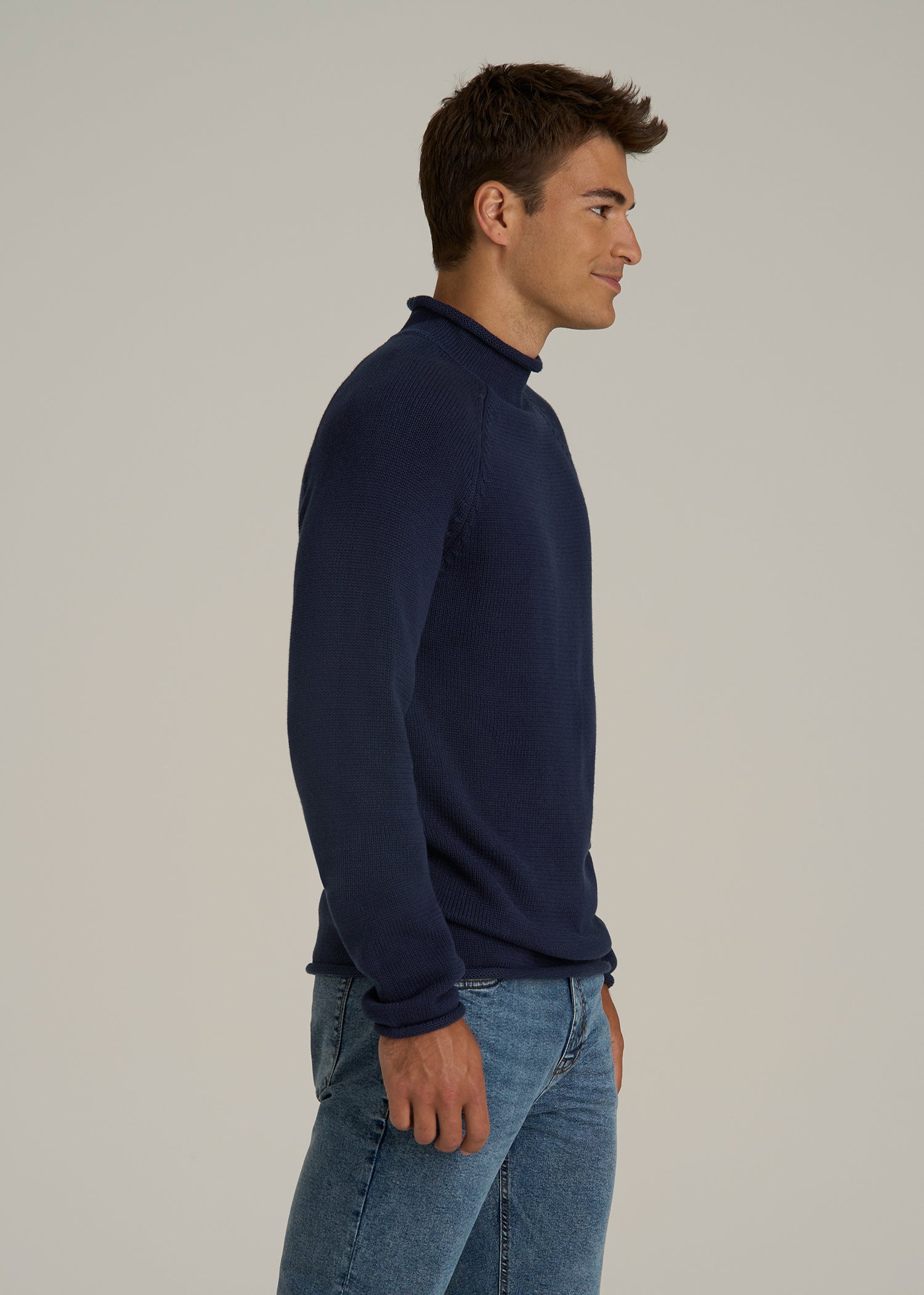 Fisherman Knit Rolled Mock Neck Sweater for Tall Men in Patriot Blue