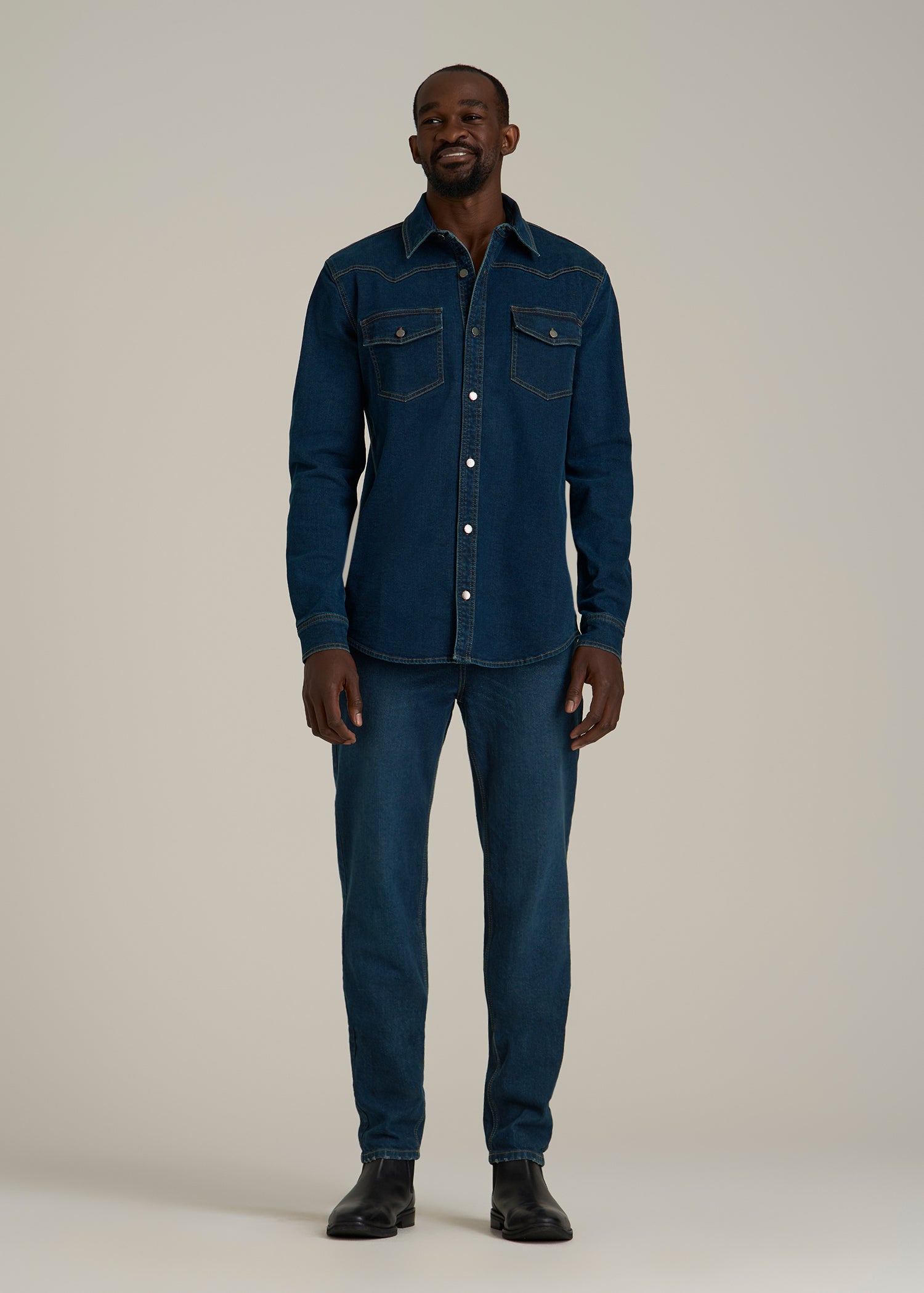 Western Denim Shirt for Tall Men in Indigo Dusk