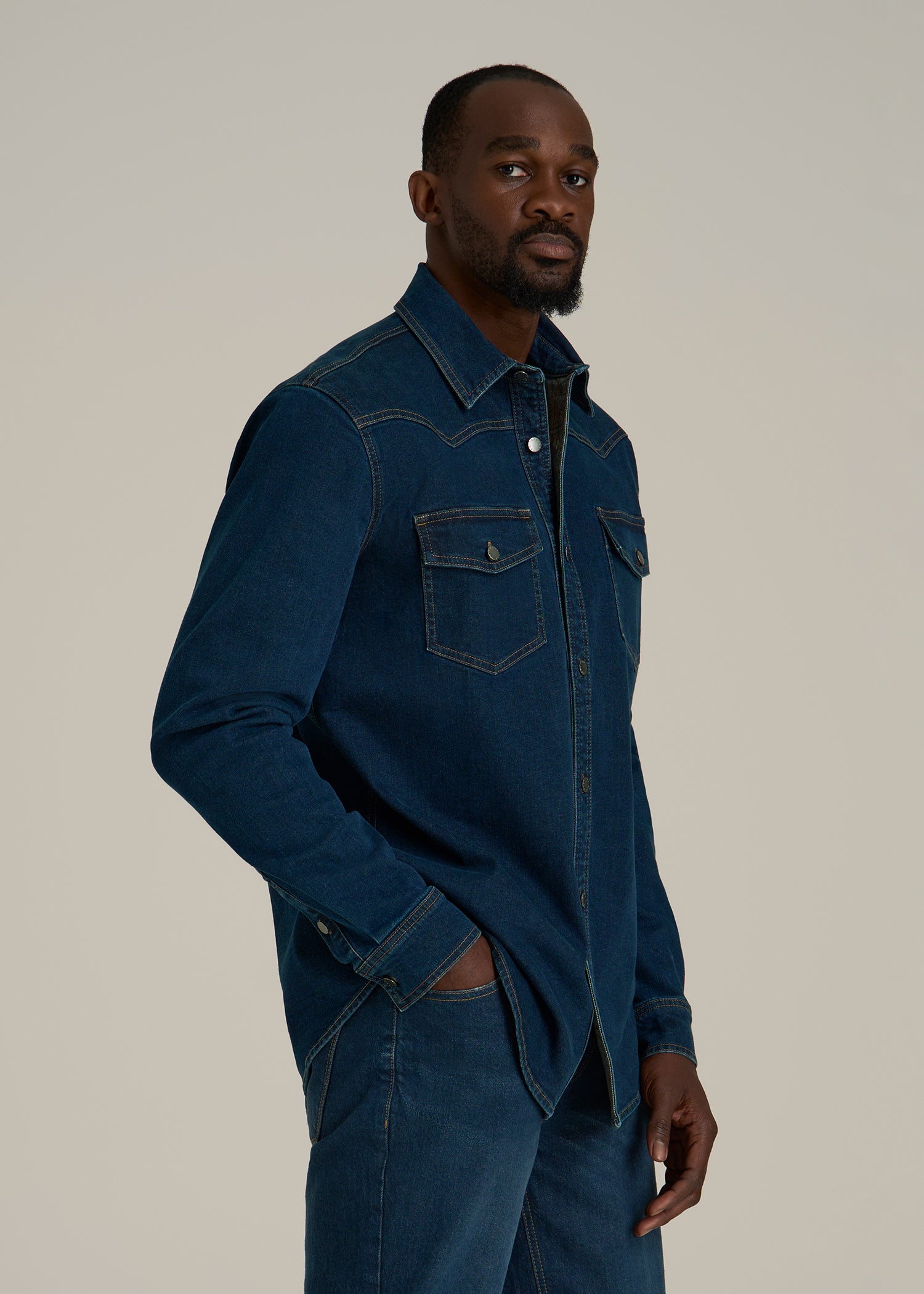 Western Denim Shirt for Tall Men in Indigo Dusk