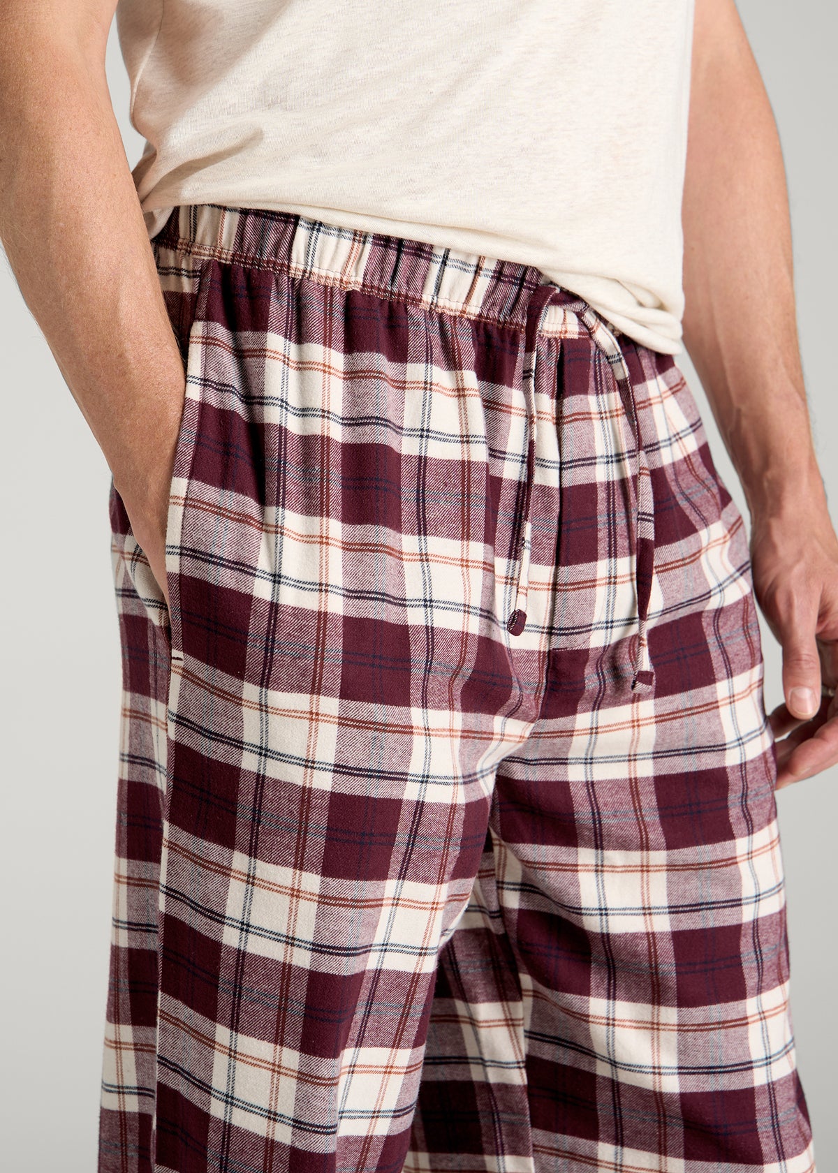 Flannel Pajama Pants for Tall Men in Port Royale and Beige Plaid