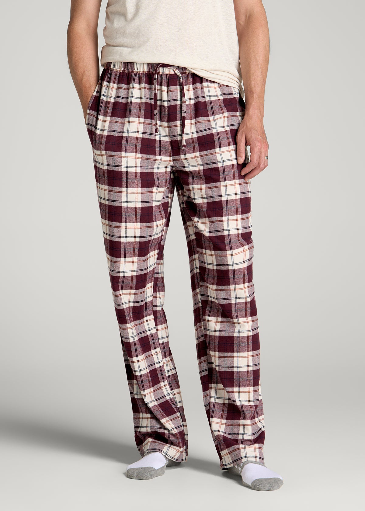 Flannel Pajama Pants for Tall Men in Port Royale and Beige Plaid